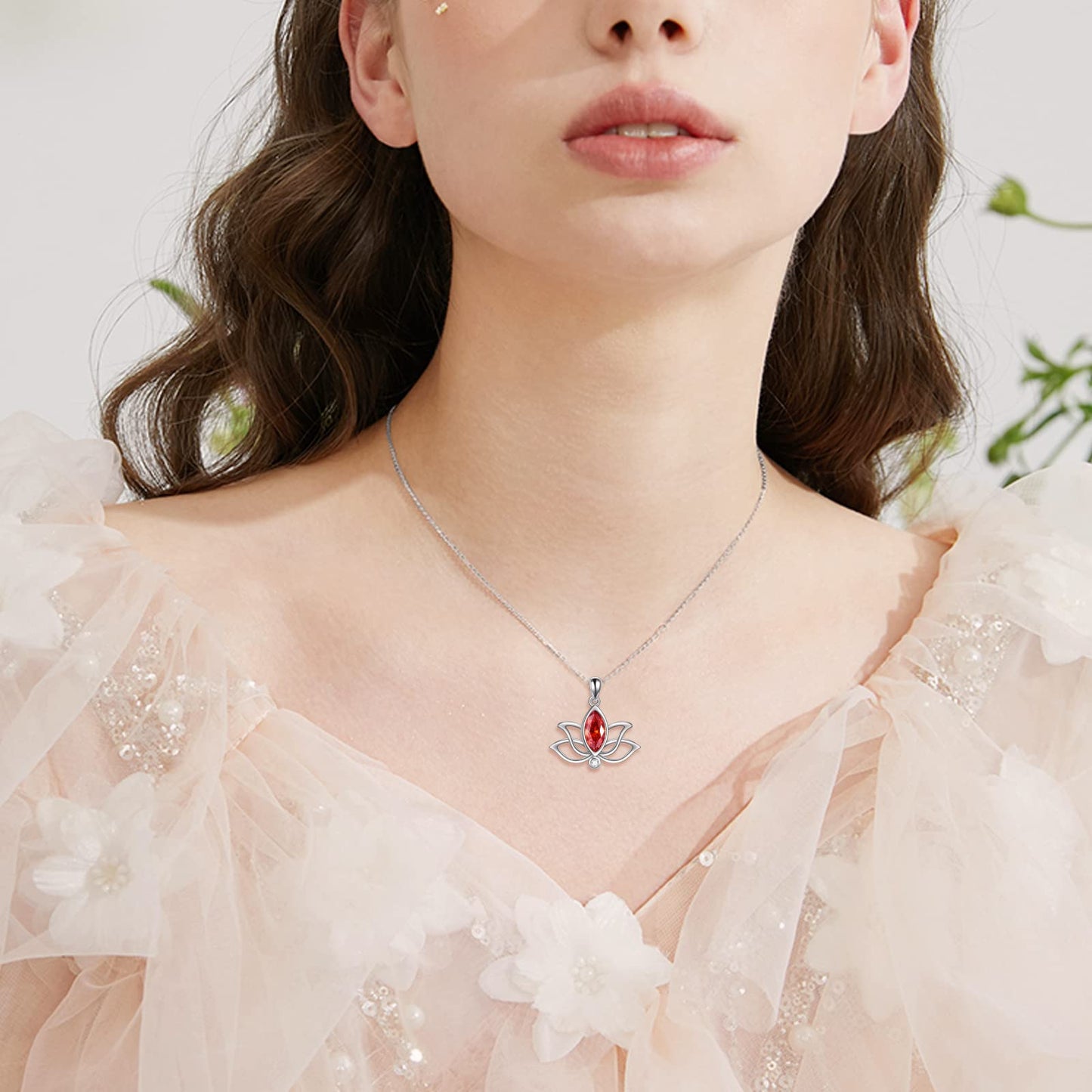 YFN Lotus Necklace Sterling Silver July Birthstone Pendant Created Ruby Jewelry Gifts for Women (Jul)