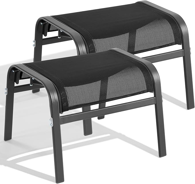 ONBRILL Outdoor Ottoman Foot Rest Set of 2, Textilene Fabric Outdoor Footstool with Tight Surface and Stable Metal Frame, Wide Use Outdoor Ottomans for Patio, Balcony, Poolside and Indoors, Black