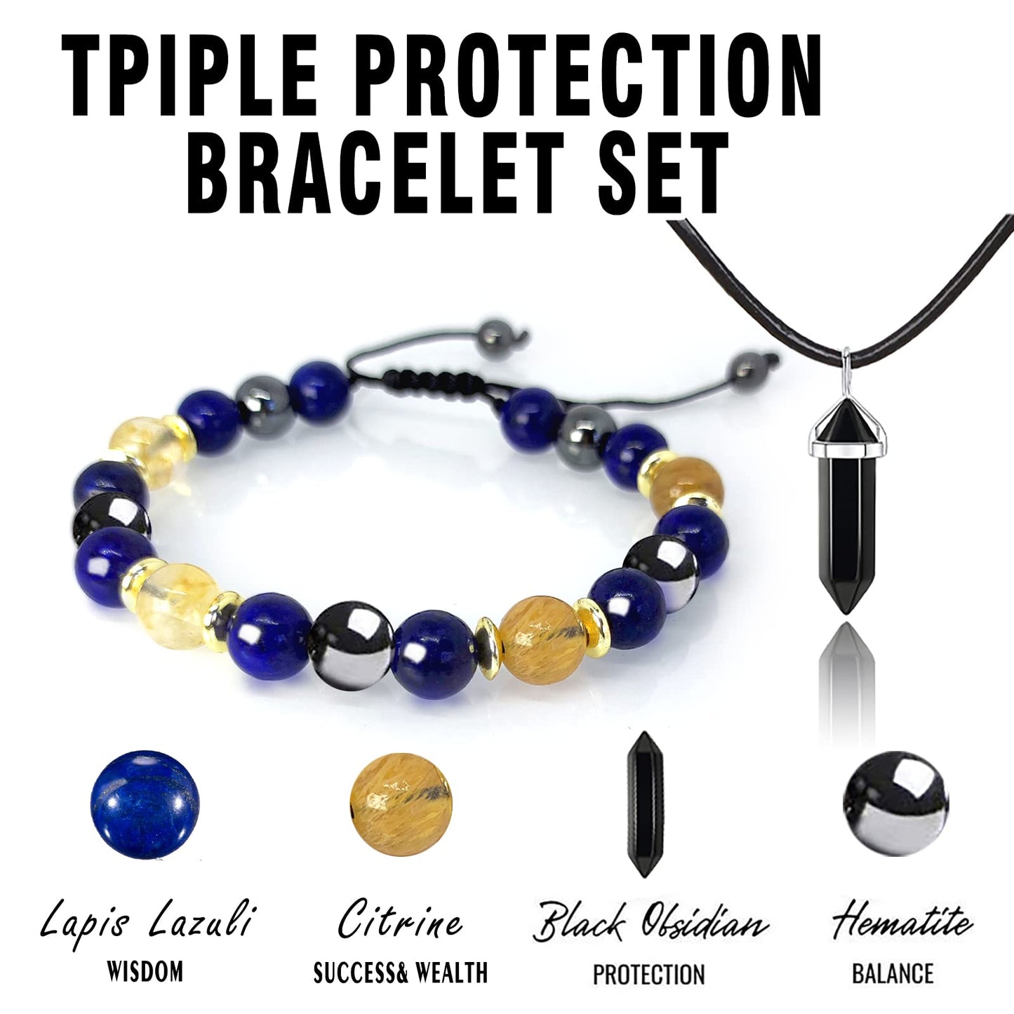 Hion Triple Protection Bracelet-For Wealth Abundance Money, Enhances Decision Making and Promotes Friendship, Honesty, Compassion and Integrity， Lapis Lazuli Bracelet Set for Men Women