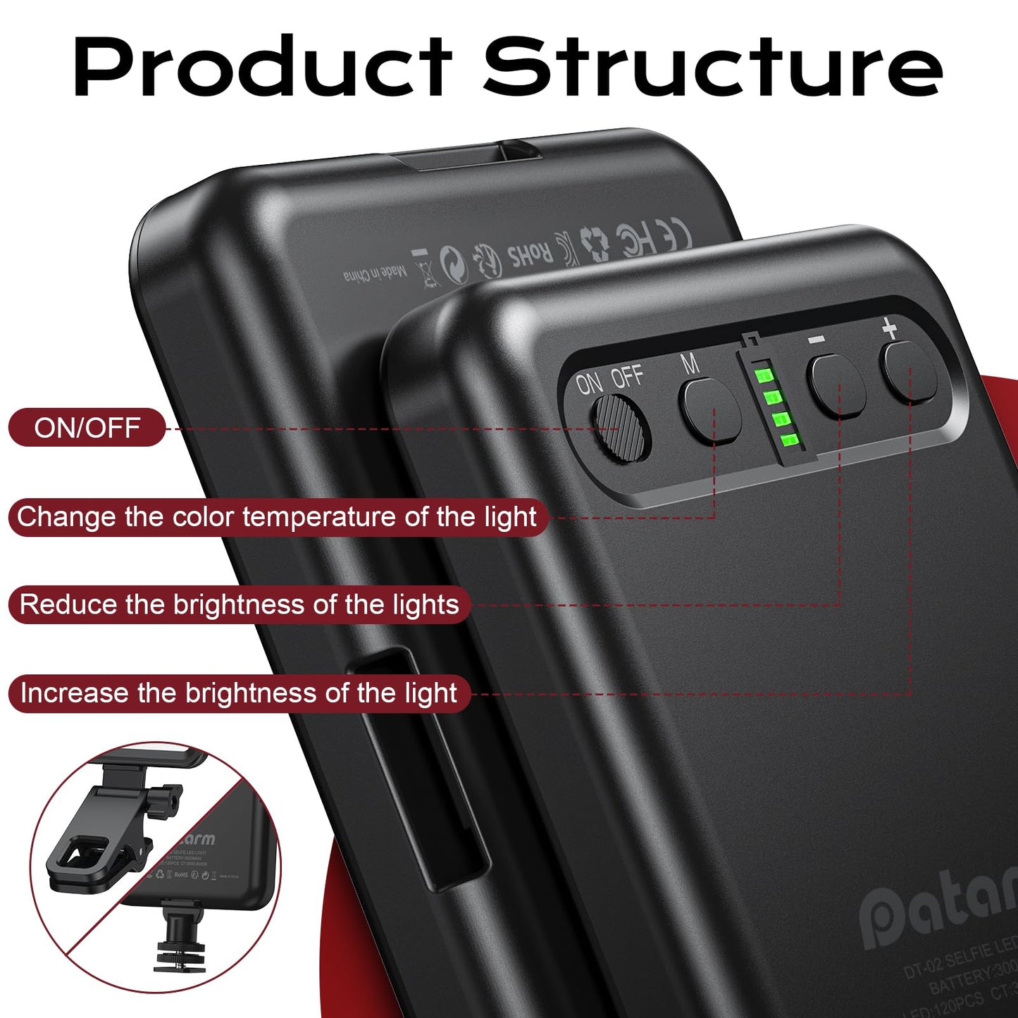 Datarm Rechargeable Soft Selfie Light for Phone, Camera, Laptop, 4-14H Battery Portable LED Light for Pictures, Phone Light Clip for Selfie, Vlog, TikTok, Makeup, Video Conference Black