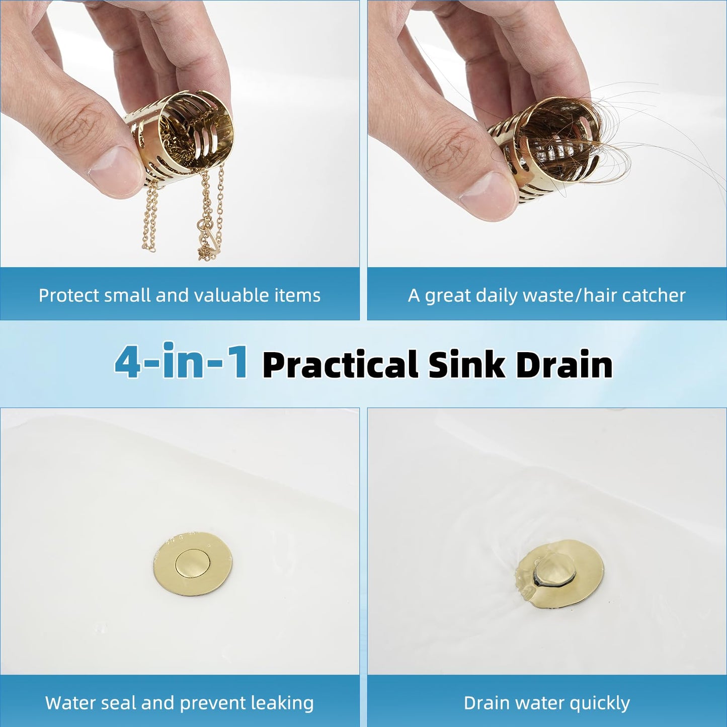Upgraded Bathroom Sink Drain Strainer Hair Catcher 2PCS Universal 3 in 1 Pop-up Sink Stopper, Fit for 1.1''~2.36'' Basin Hole, with Detachable Stainless Steel Filter Basket, Brushed Gold