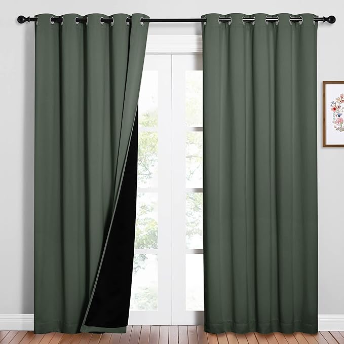 NICETOWN 100% Blackout Window Curtain Panels, Cold and Full Light Blocking Drapes with Black Liner for Nursery, 84 inches Drop Thermal Insulated Draperies (Dark Mallard, 2 PCs, 62" Wide Each Panel)