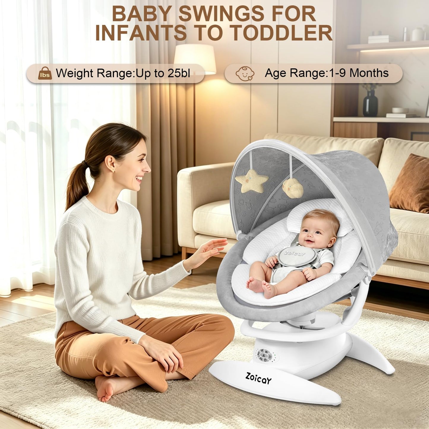 3-in-1 Baby Swing for Infants with Motion Detection, Infant Swing with 5 Speeds & 3 Swing Modes, 12 Lullabies, Electric Swing for Baby, Up to 25 lbs, White