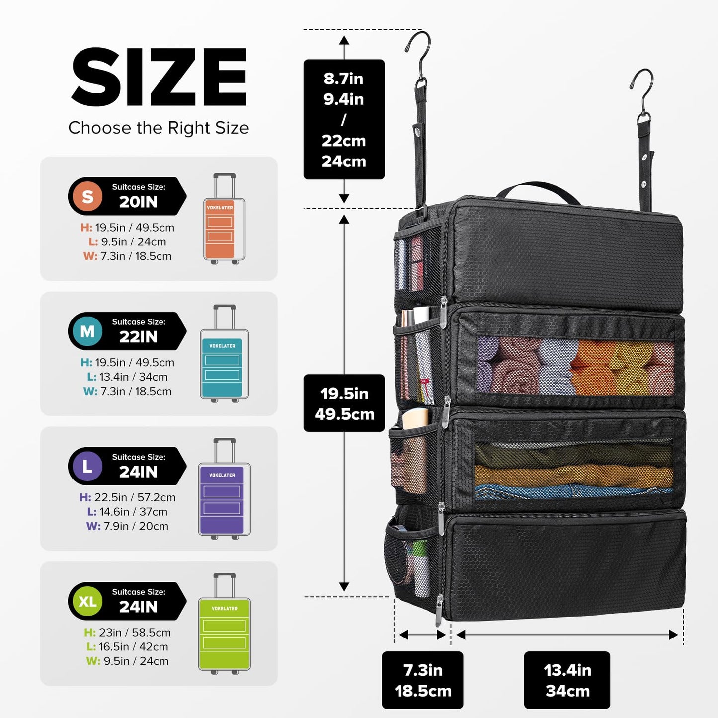 Vokelater Suitcase Organizer - Travel Luggage Organizer with Hanging Shelves & Packing Cubes - Collapsible, Portable, Carry-on, Medium, Black