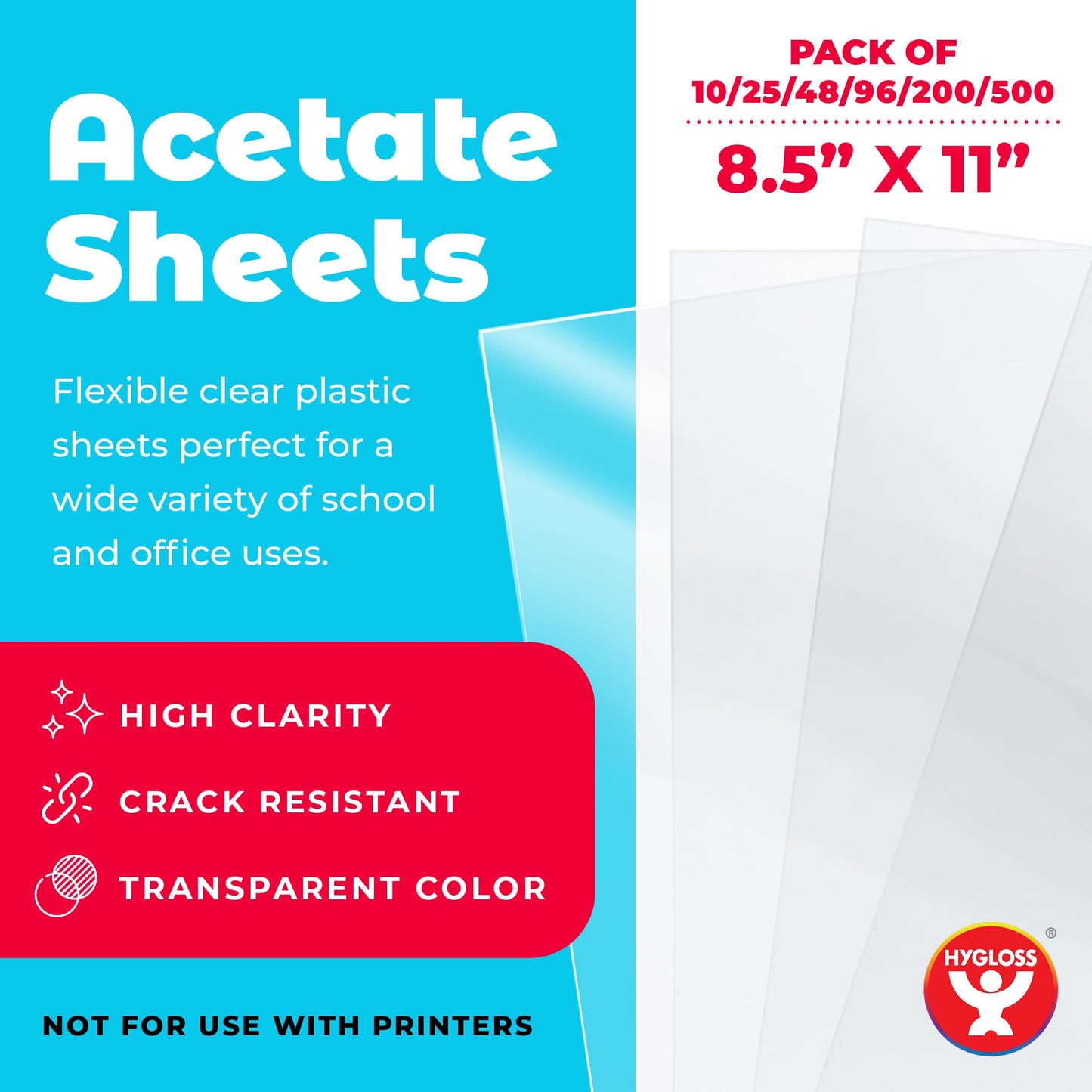 Hygloss 8.5" x 11" Acetate Paper - 7 Mil Clear Acetate Sheets for Crafts Projects, Classroom Stencil Sheets, Overhead Transparency Sheets for Projector, Clear Plastic Sheet (Not for Printers) 25 Pack