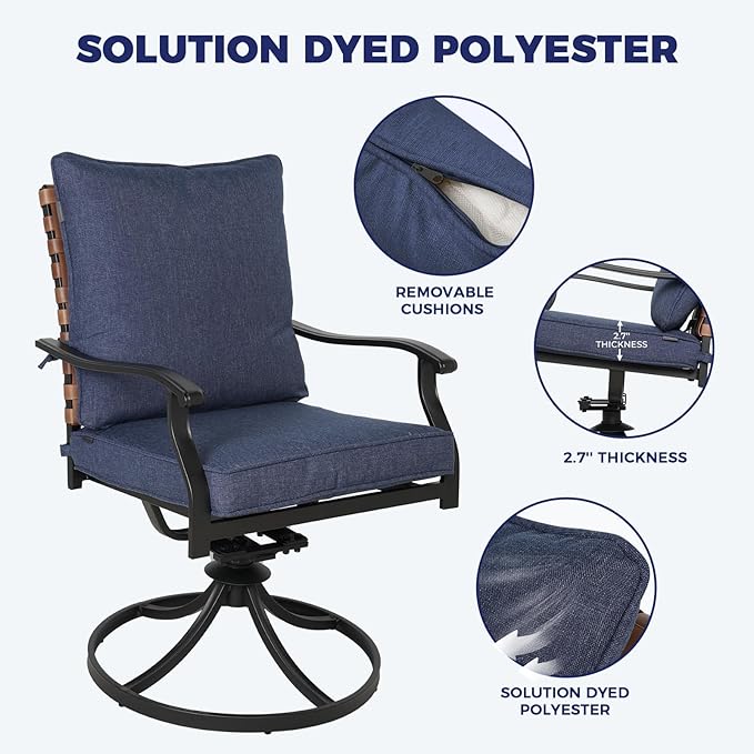Grand patio 2-Piece Outdoor Dining Chair Set, 2 Leather-Look Wicker 360-Degree Swivel Patio Chair, Blue