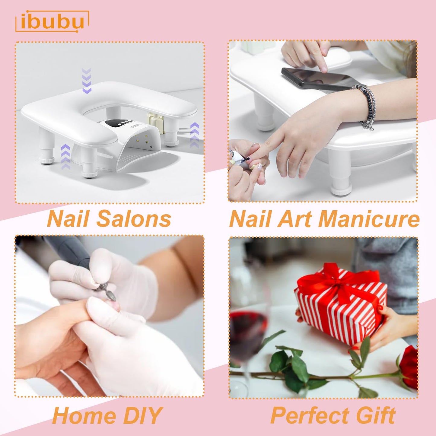 ibubu Upgrade Nail Arm Rest Height Adjustment U-Shaped Manicure Hand Rest Pillow Cushion Soft PU Leather Detachable Nail Art Hand Stand Holder for Nails Tech White