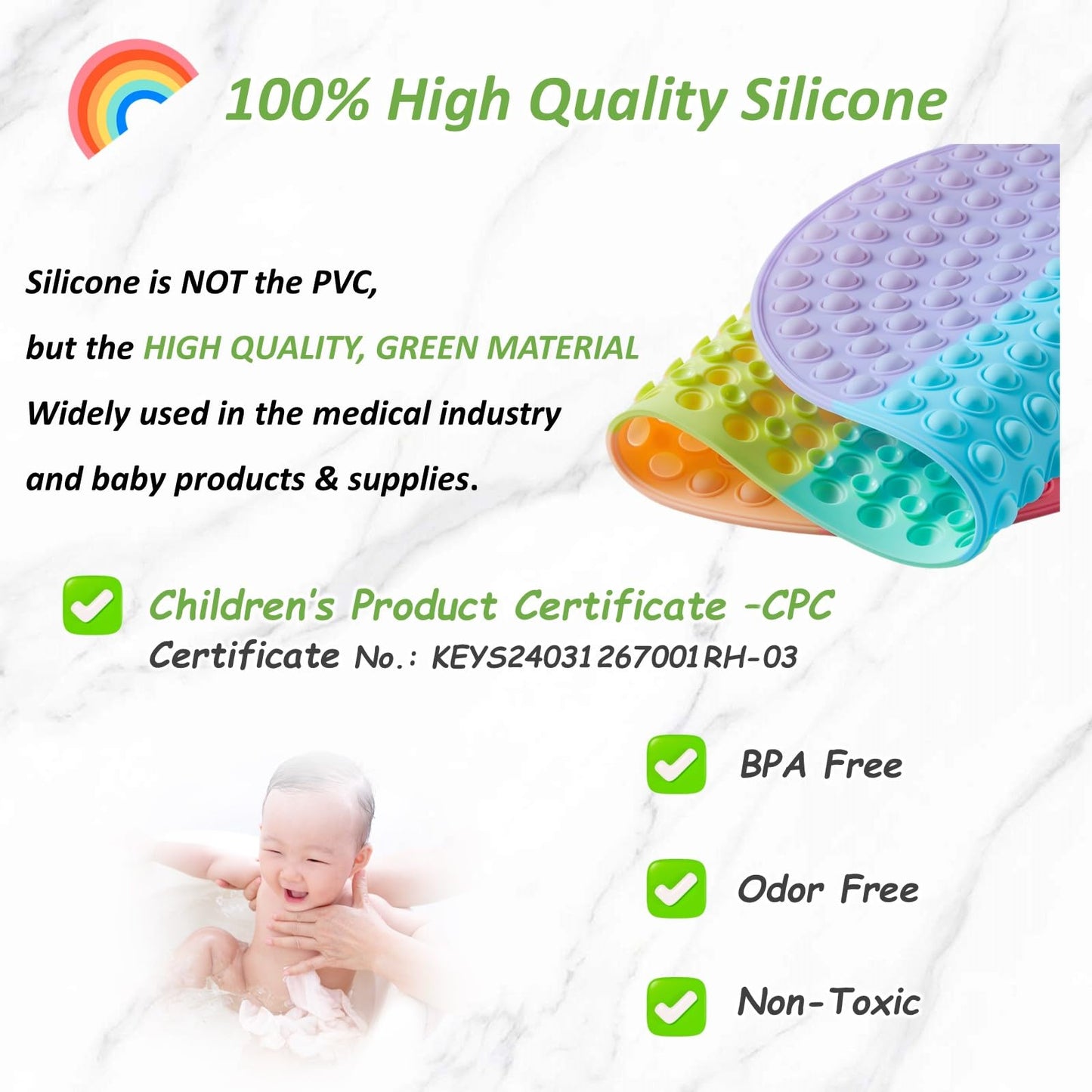 Joiyota Silicone Push Pop Bath Mat for Kids, CPC Certified Non-Slip Rainbow Bathtub Mat with Suction Cups, Sensory Bath Toy for Toddlers (27x15-rainbow)