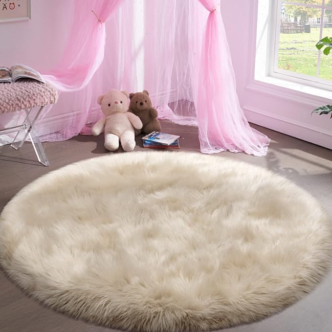 Tangsoo Round Faux Fur Rugs, Sheepskin Round Rugs 3ft, Soft Small Circle Rug, 3x3 Beige Fuzzy Plush Fur Rug, Shag Circular Rugs Floor Carpet for Bedroom, Kids Room, Nursery, Girls Room, Dorm