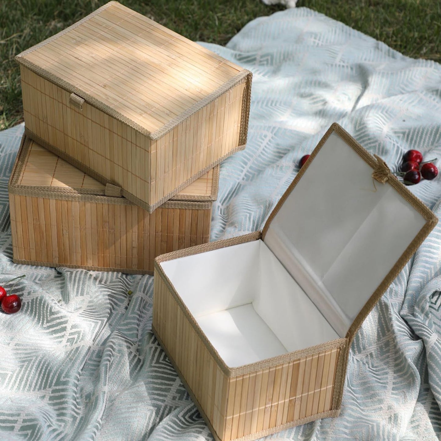 LOLYSIC Bamboo Storage Boxes with Lids, Set of 3 - Woven Decorative Baskets for Home, Kitchen, Shelf Organizer Wicker Lidded Basket, Handmade Storage Bin