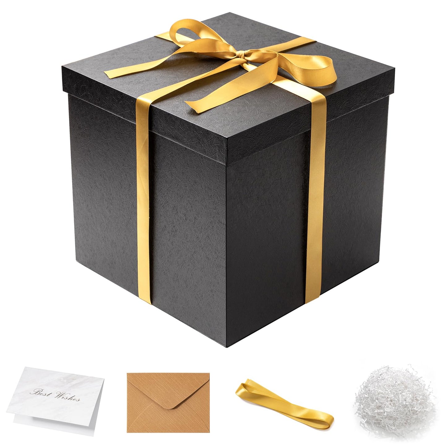 Mefleet Large Gift Box with Lid for Presents 12x12x12 Inches Extra Big Deep Square Black Boxes 1 Pack for Christmas, Birthday, Valentine's Day, Mother's Day - Contains Crinkle Paper, Ribbon and Card