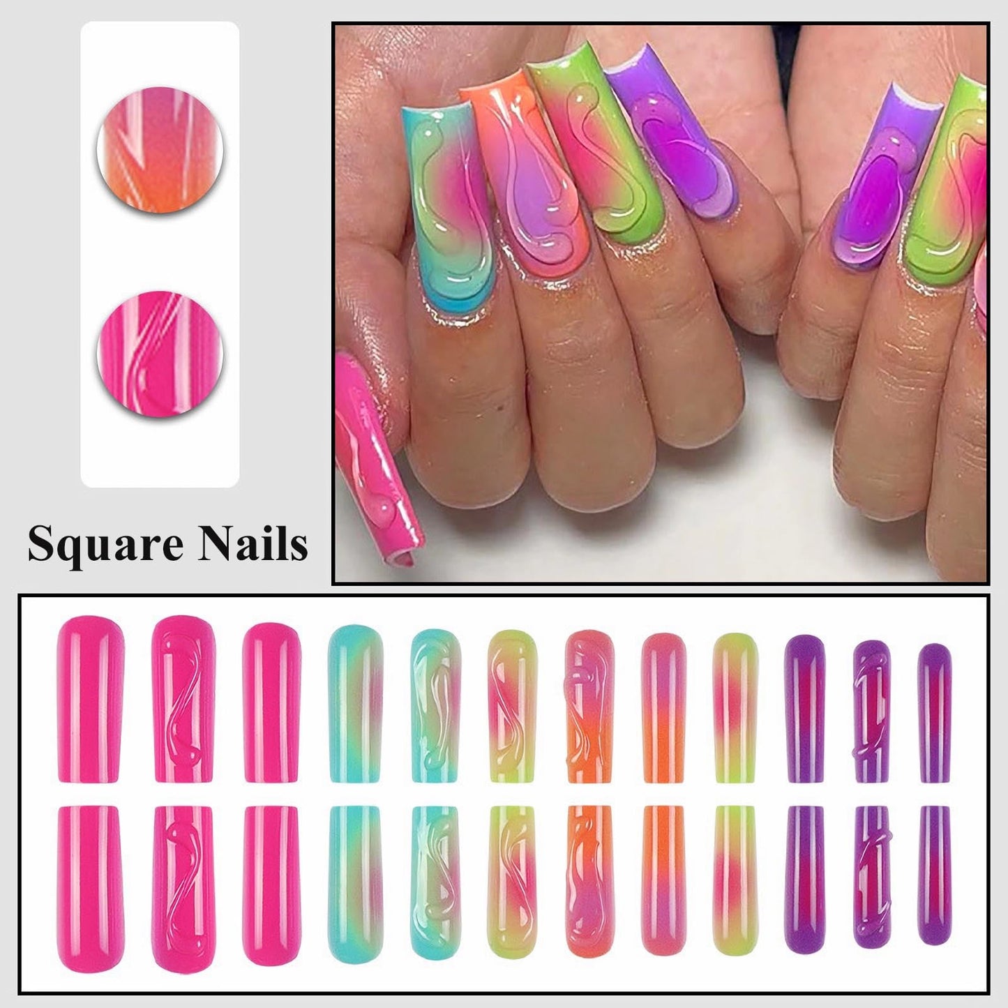 MISUD Press on Nails - Long Square Glue on Nails with Colorful, Acrylic Summer Rainbow Design 24 pcs