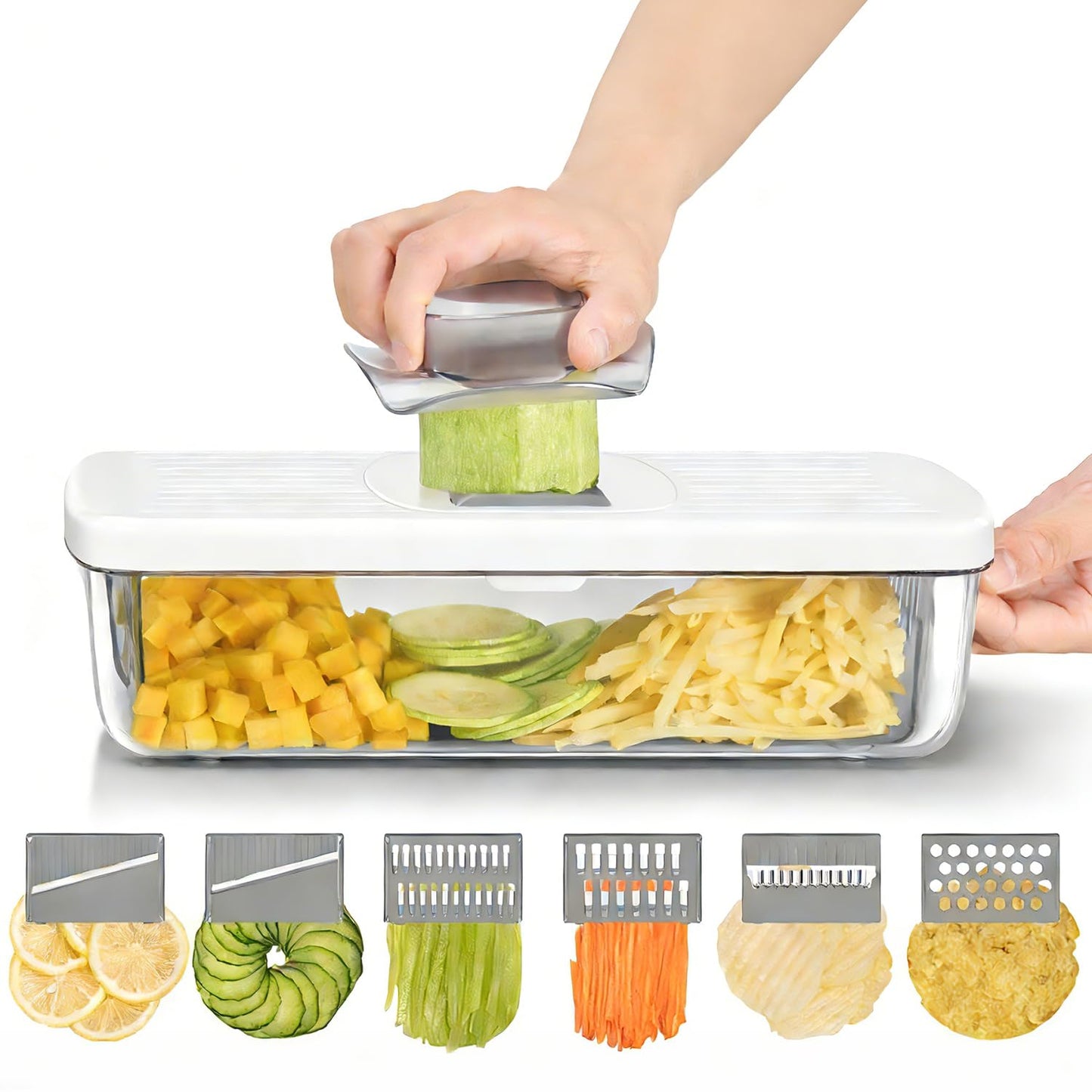 6-in-1 Vegetable Chopper Mandoline Slicer with 6 Blades & Container, Onion Cutter Dicer, Kitchen Gadgets & Essentials for Food Prep