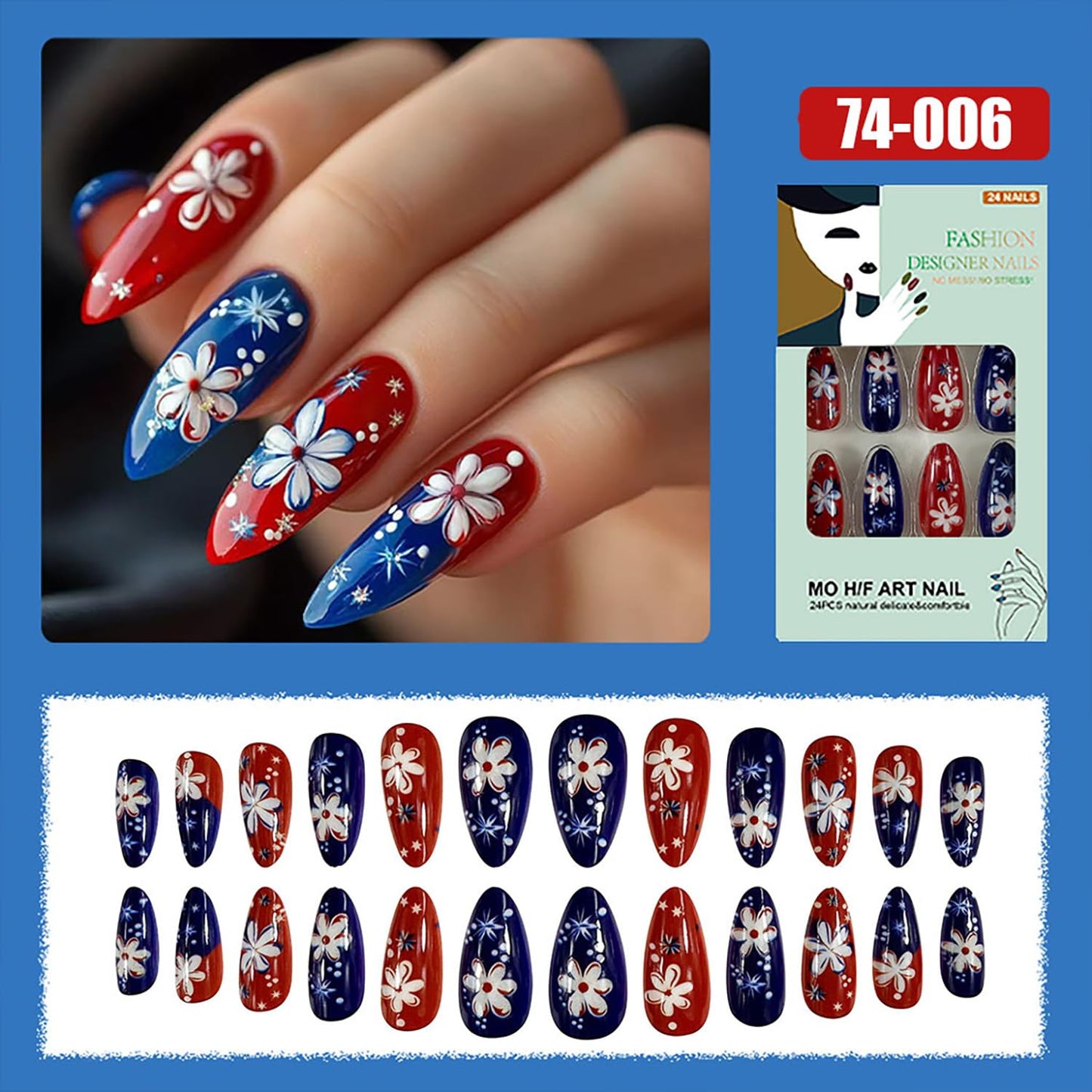 24Pcs July 4th Independence Day Almond Tip Press on Nails Medium Flower Pattern Design Patriotic False Nail Full Cover Glossy Press Ons Acrylic Artificial Fingernails Holiday Stick on Nail for Women