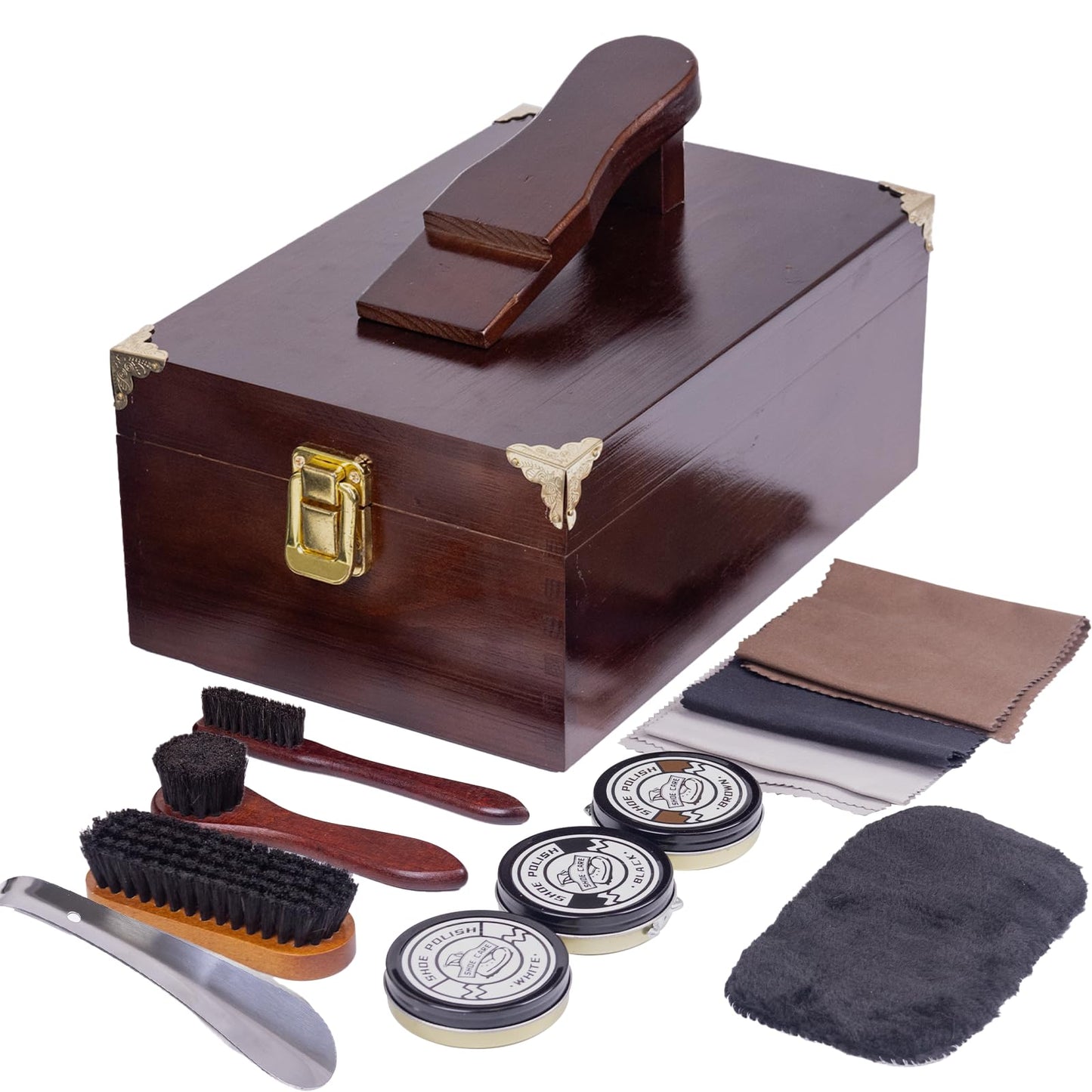 DigNew 10 Pcs Deluxe Shoe Shine Box Set & Shoe Care Polish Kit with Foot Rest, Wooden Care Tools Storage Box Perfect for Multi- Leather Shoes