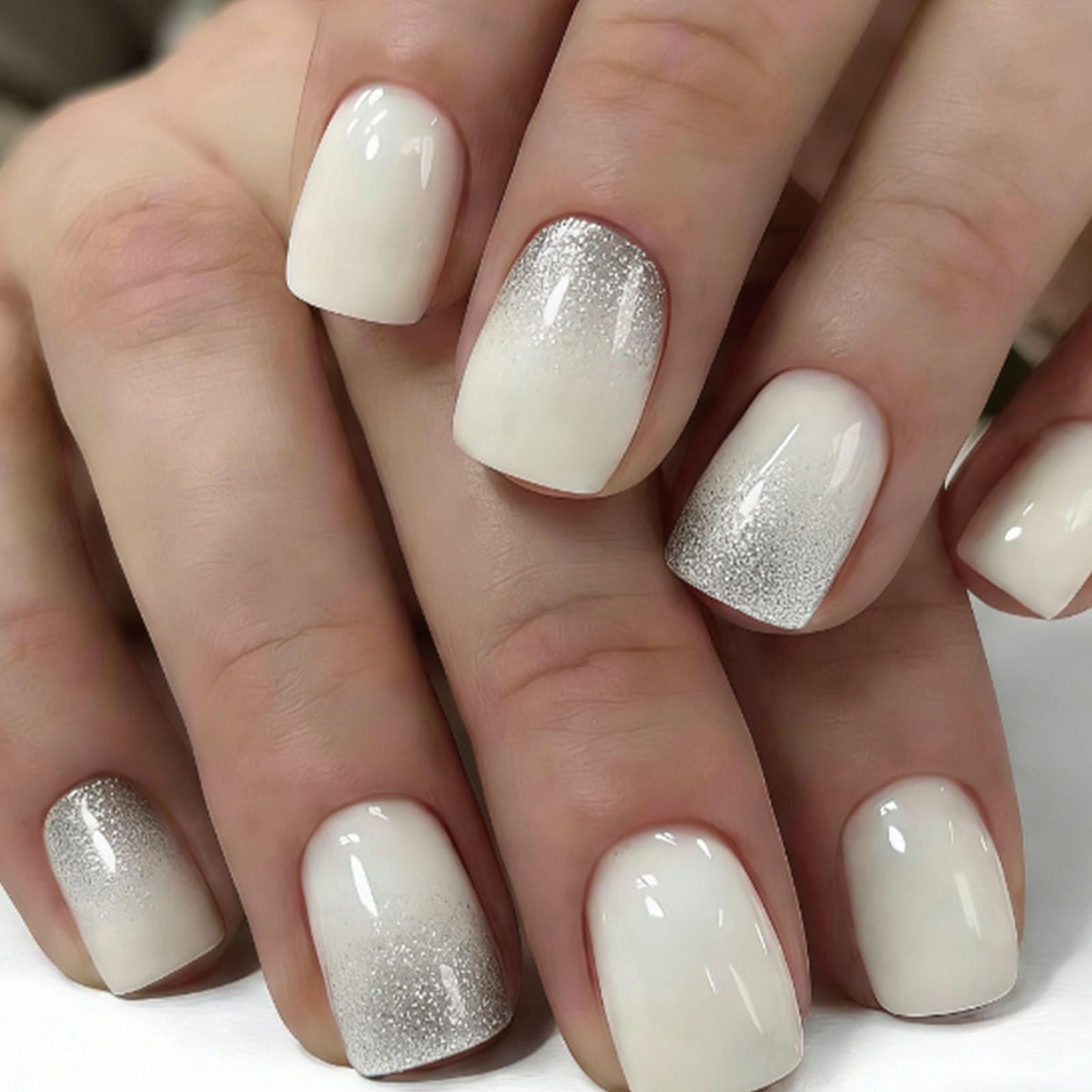 Square Press on Nails Short Fake Nails with Silver Glitter Designs Nails Press ons White Glue on Nails Glossy Acrylic Nails Simple Artificial Nails Natural Stick on Nails for Women 24Pcs