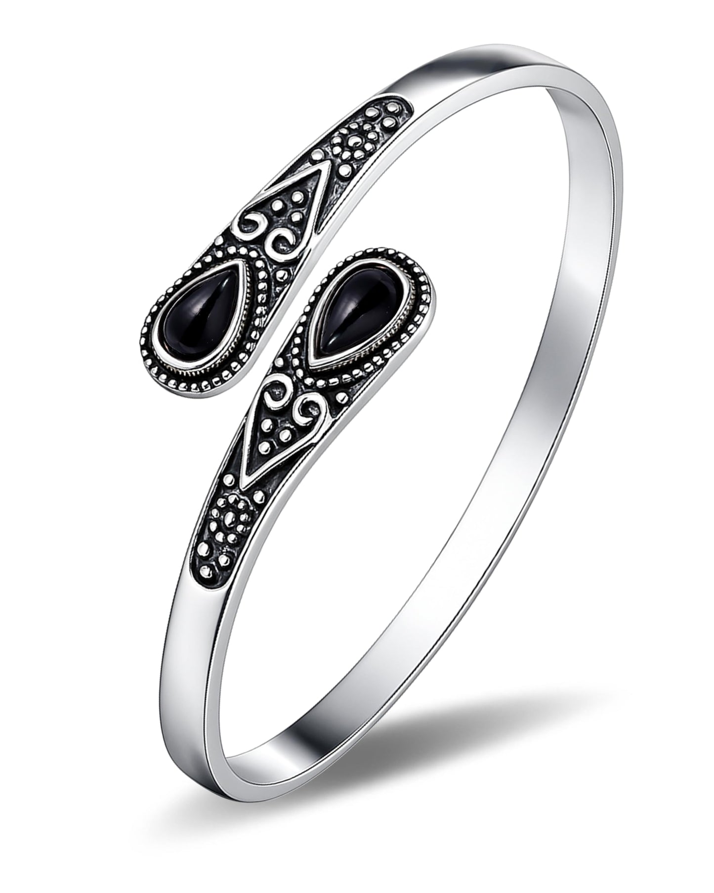 Irideket Vintage Sterling Silver Bracelet with Black Onyx, Silver Bangles for Women, Adjustable Silver Jewelry, Elegant Cuff Silver Bracelet