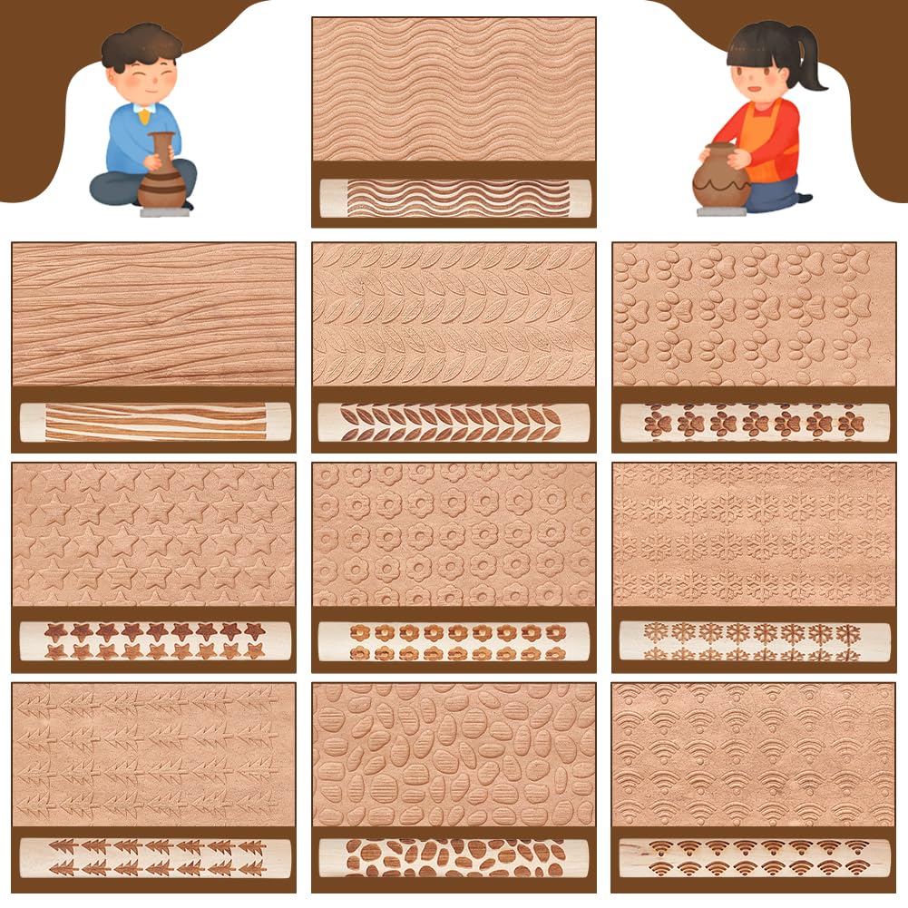 NBEADS 10 Pcs 10 Styles Clay Texture Rollers, Ceramics Potters Stamp Roller Tools Textured Rolling Pins for Slab Building Sculpting Handmade Craft Art DIY Design, 4.37x0.63 inch