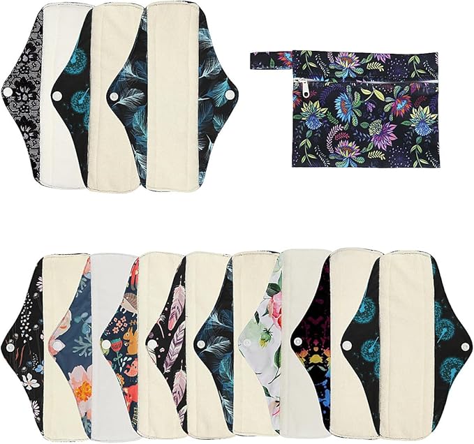 12 Pieces Cloth Menstrual Pads,Reusable Sanitary Pads,Size 10 inch Regular,Unscented