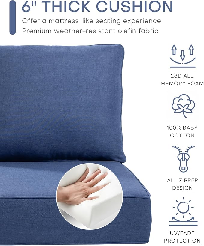 Luxury 22x24/22x25 6-Inch Outdoor Chair Cushions Set of 4 - Heavy Duty Water-Resistant Comfortable Cushion for Patio Furniture Dining Gliding Rocker Loveseat L-Shape Sofa - Navy Blue