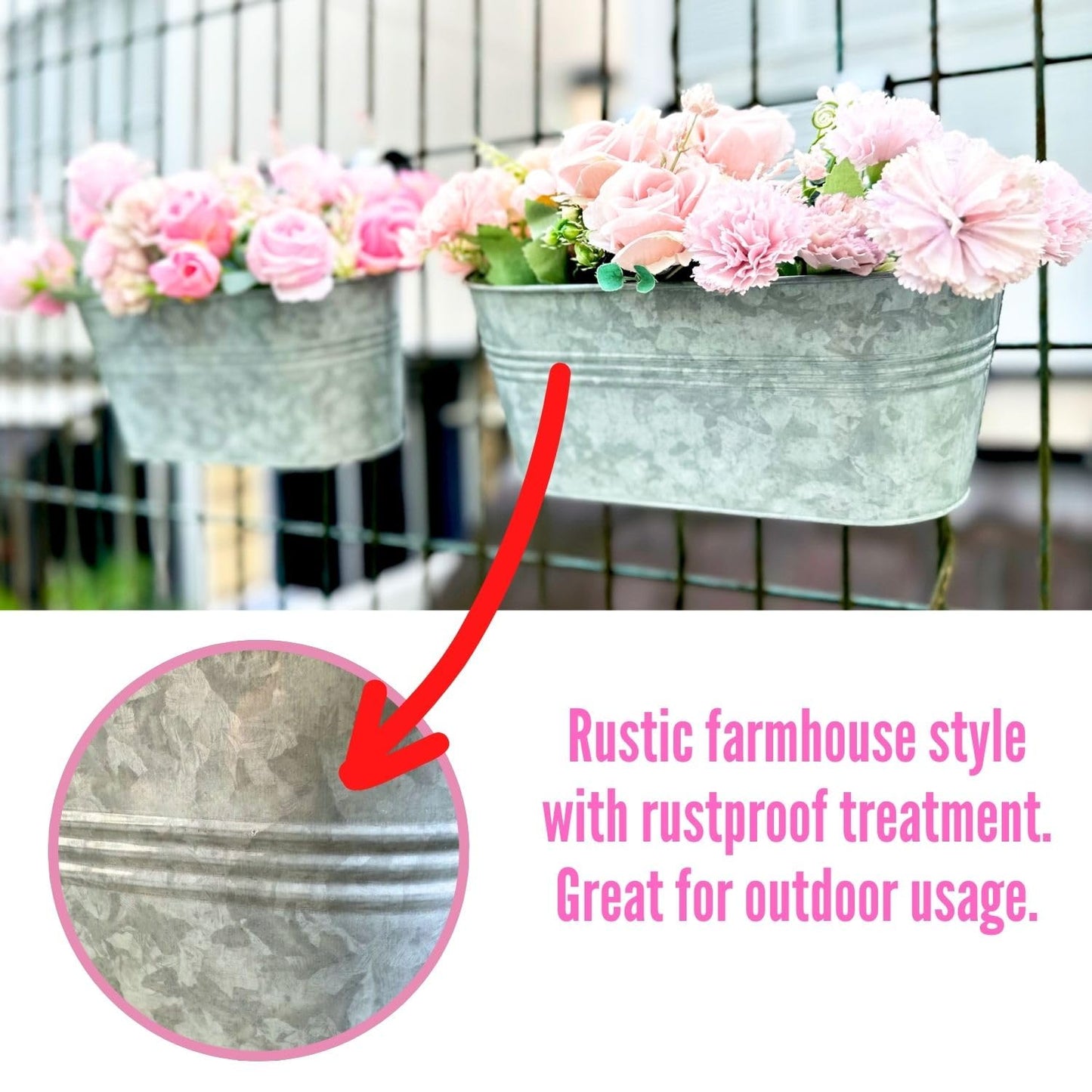 LaLaGreen Bundle- 2 Pack, 11.2 Inch + 2 Pack, 15 Inch Siver Metal Pot Hanging Window Flower Herb Boxes with Hook Modern Countryside Outdoor Bucket Garden Decor Rail Fence Home Porch Balcony Boho Style