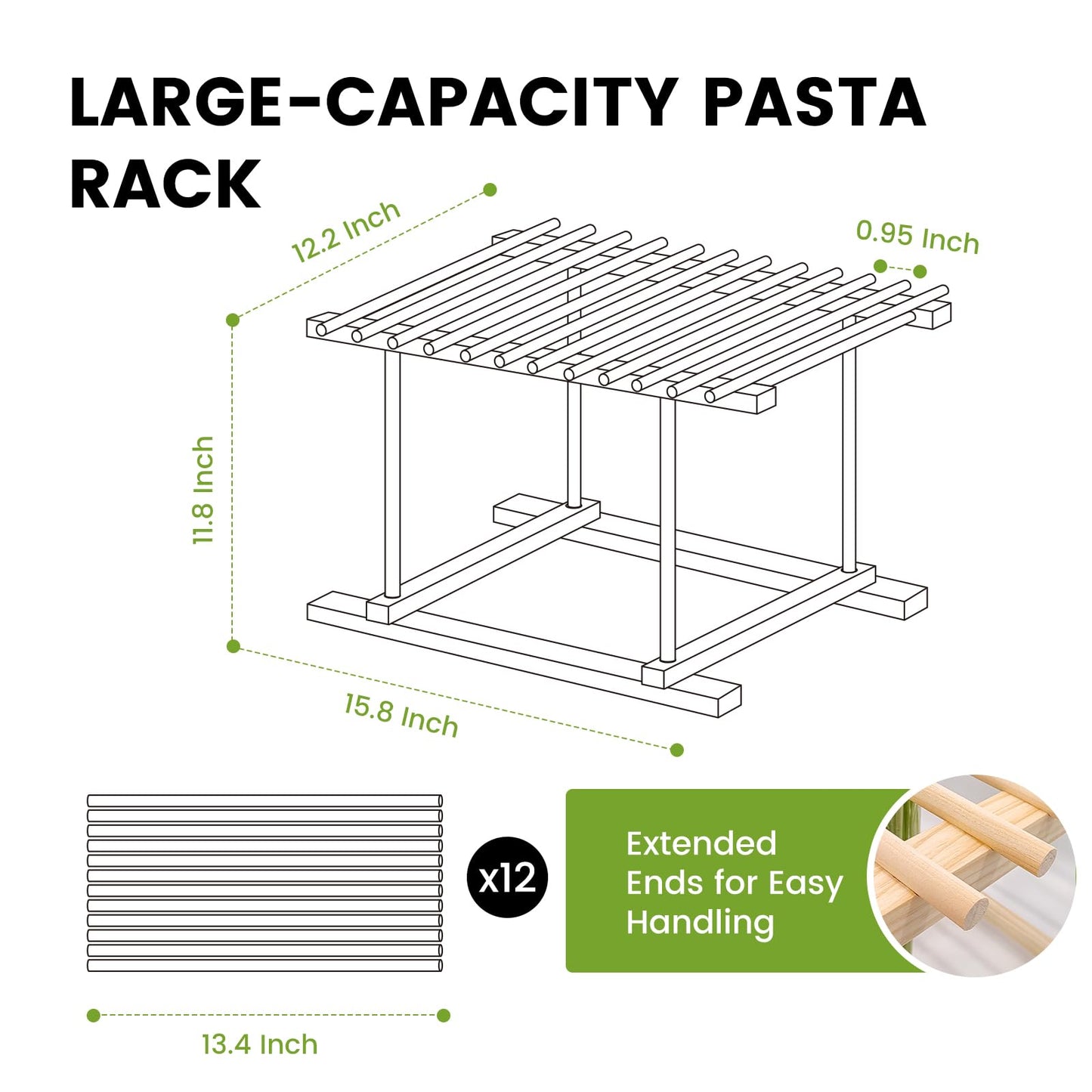 VAZINE Pasta Drying Rack, Wooden Noodle Drying Rack for Pasta with 12 Detachable Rods & Fixed Grooves, Effortless Pasta Transfer, Holds Short/Long Noodles
