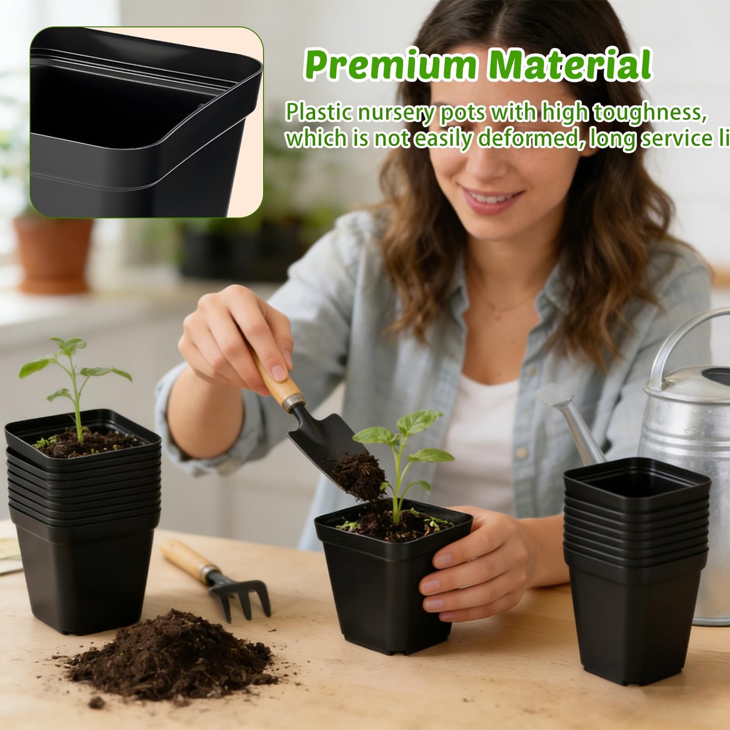 NNG 2.6 inch 100 Pcs Black Square Nursery Pots with 5 Pcs Plastic Seed Starting Trays,Plant Propagation Starter Kit Square Seed Starting Pots with Drain Holes