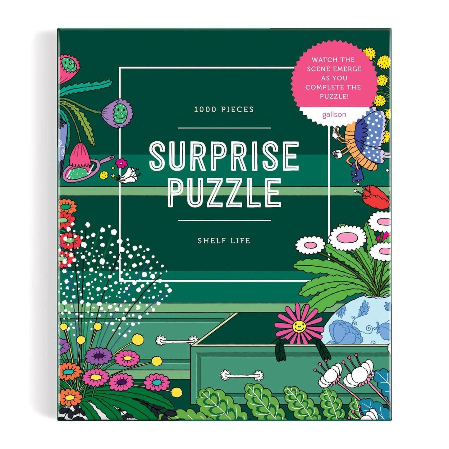 Galison Shelf Life – 1000 Piece Surprise Puzzle Fun and Challenging Activity with Bright and Bold Artwork of A House Shelf Revealed for Adults and Families