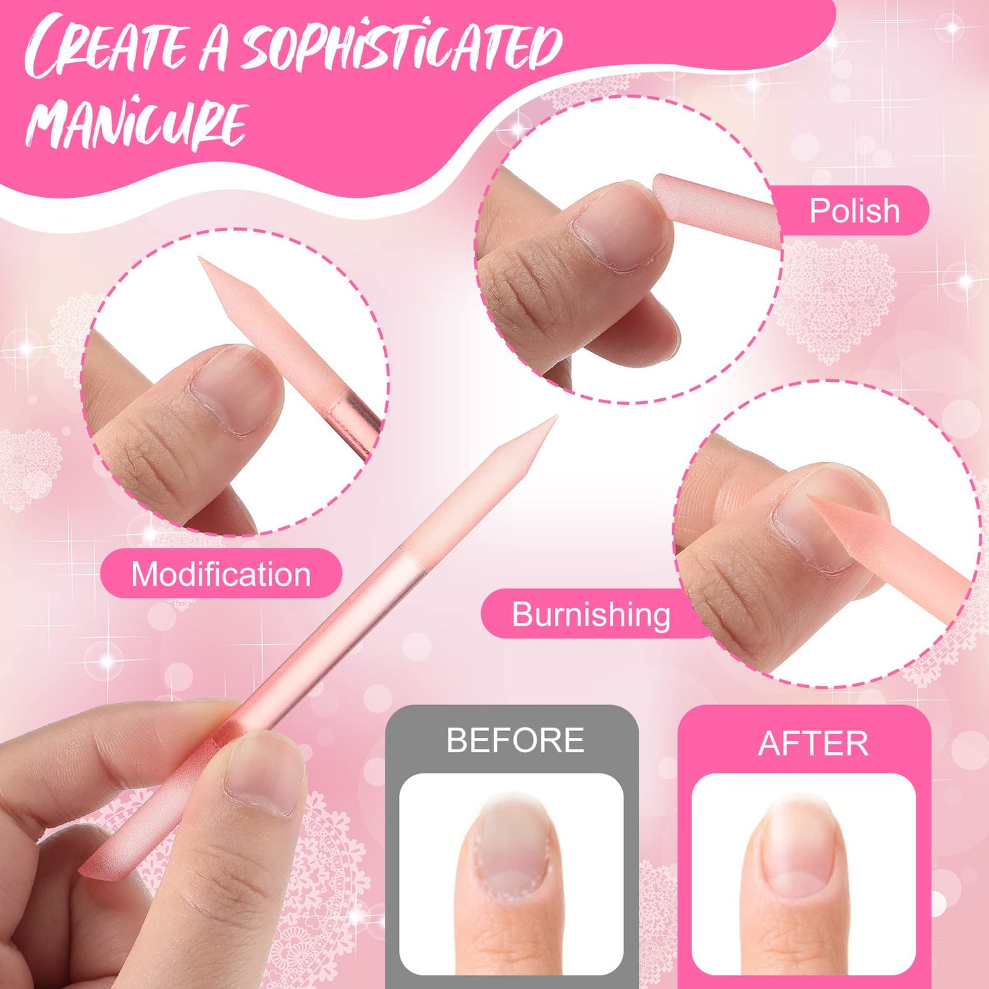 12 Pieces Glass Cuticle Pusher Crystal Double Sided Cuticle Trimmer Manicure File Glass Cuticle Stick Precision Filling Remover Tool Buffer for Women Salon Home Use, 6 Colors