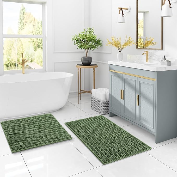Arotive Luxury Chenille Bathroom Rug Mat, Extra Soft Thick Absorbent Shaggy Bath Rugs, Non-Slip Machine Wash Dry, Plush Bath Mats for Bathroom, Shower and Tub, 36x24, Olive Green