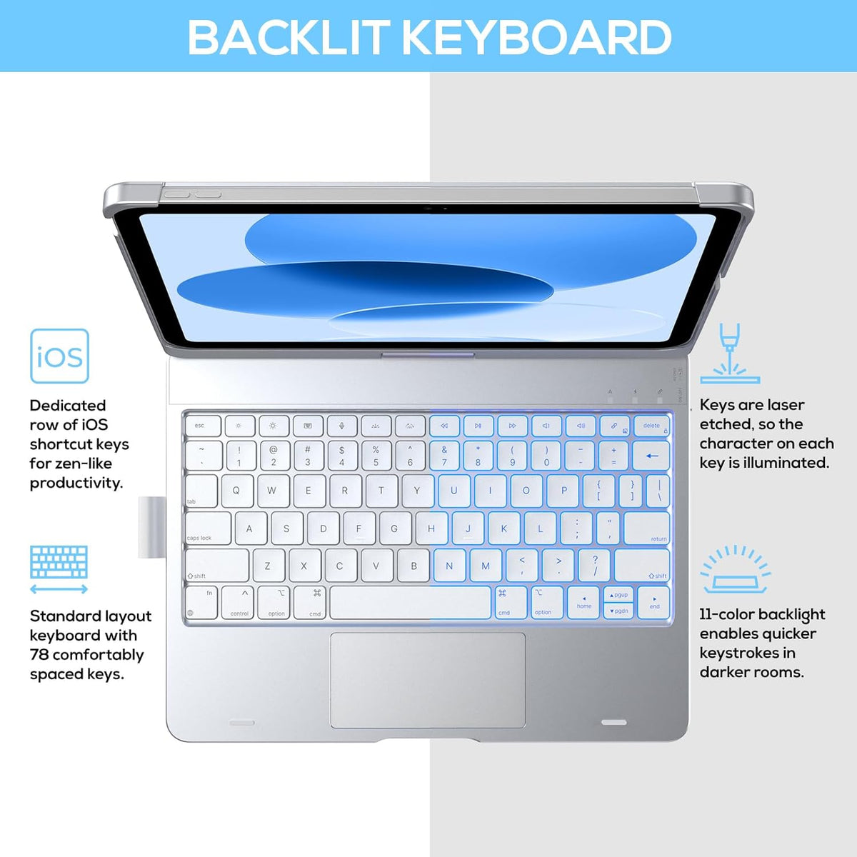 typecase Touch iPad 10th Generation Case with Keyboard (10.9", 2022) and iPad A16 (11th Gen, 2025) – 360° Rotatable, 11-Color Backlit, Multi-Touch Trackpad, Thin & Light (Silver)