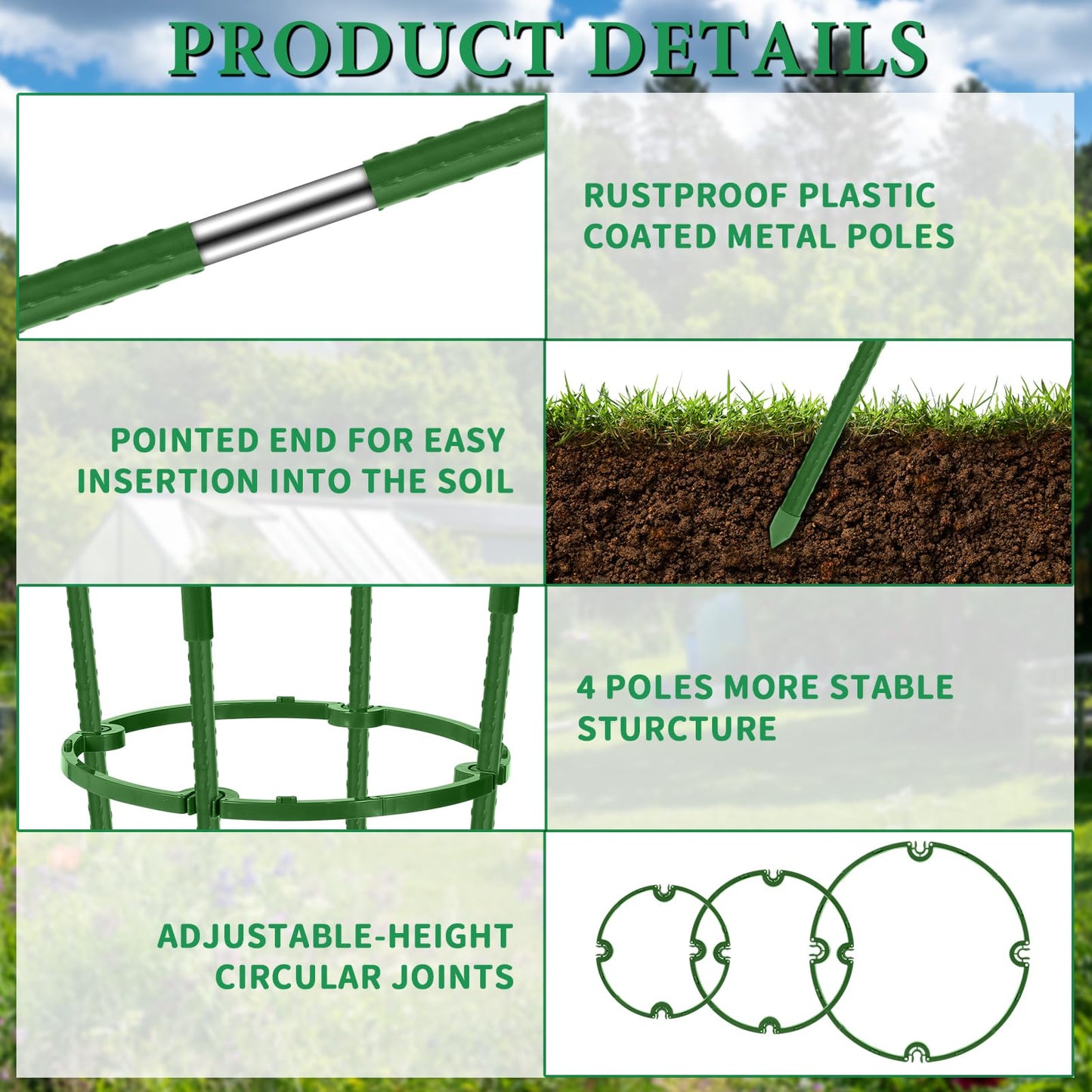 UJG 2-Pack 24 Inches Tomato Cages for Garden, Tomato Cage, Tomato Plant Support, Heavy-Duty Tomato Trellis with Height Adjustable Rings for Garden Climbing Plants with Twist Tie & Gloves