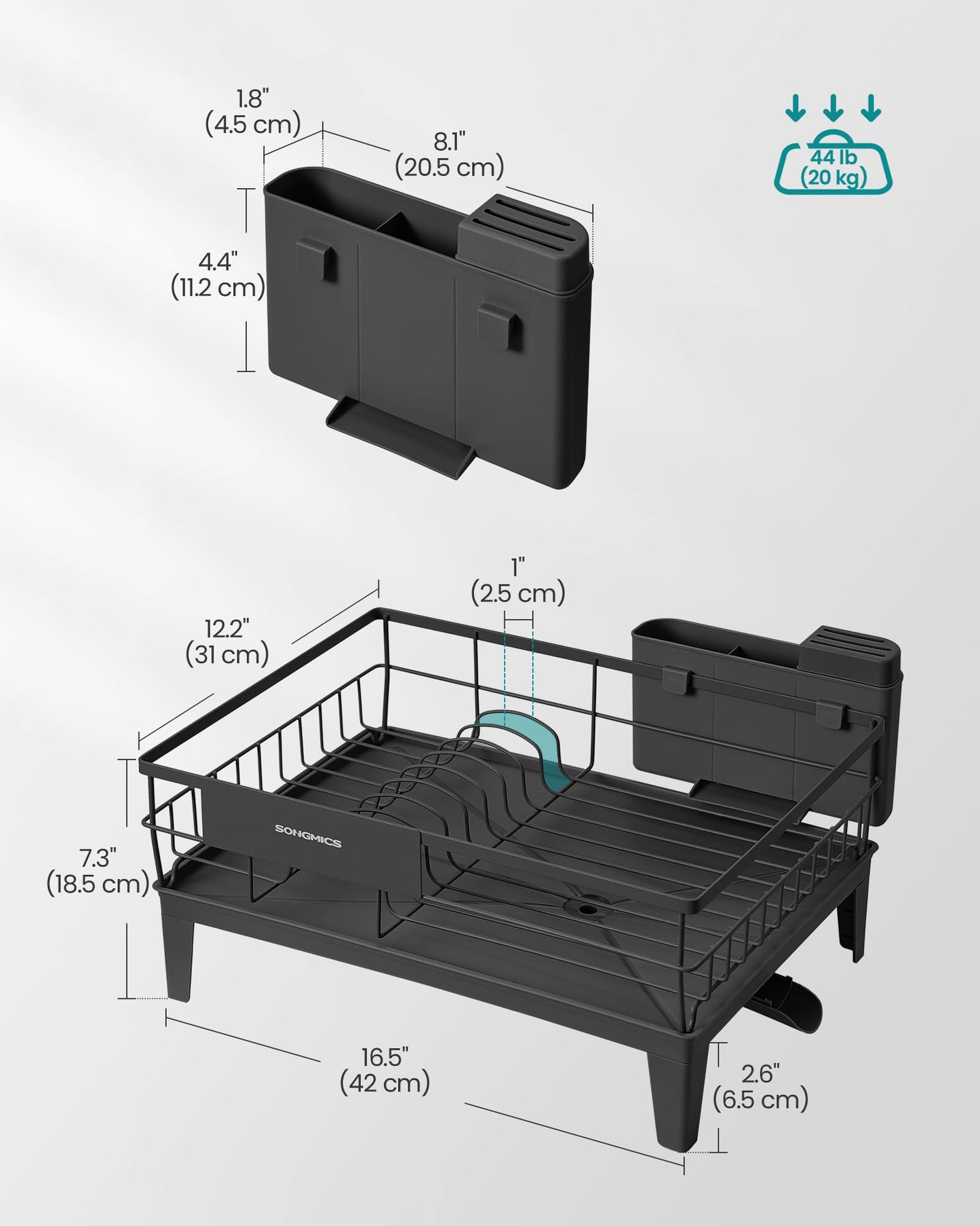 SONGMICS Dish Drying Rack, Kitchen Dish Rack with Drainboard, 360° Rotatable and Extendable Spout, with Cutlery Holder, 12.2 x 16.5 x 7.3 Inches, Ink Black UKCS550B01
