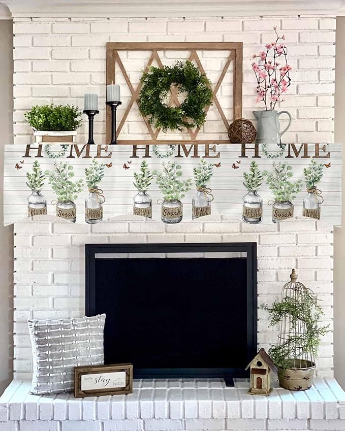 Eucalyptus Leaves Fireplace Mantel Scarf Table Runner, Farmhouse Botanical Plants Wooden Grain Winter Garland Mantel Top Tablerunners Dresser Scarves Decor for Windows Party Living Room 90''x17''