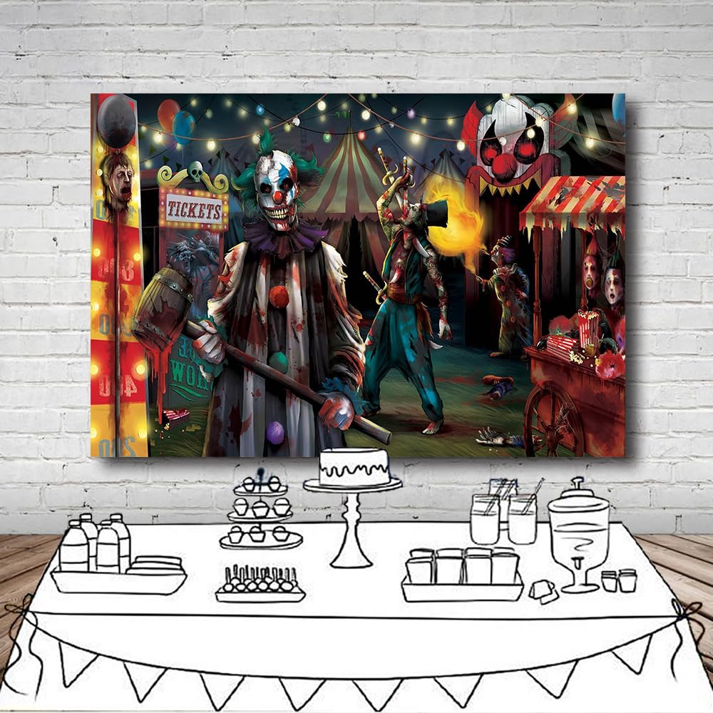 DULUDA 8x6 FT Halloween Evil Circus Clown Theme Backdrop Haunted House Horror Scary Evil Circus Clown Creepy Carnival Birthday Party Decorations Photography Background Banner Studio Props, Clear