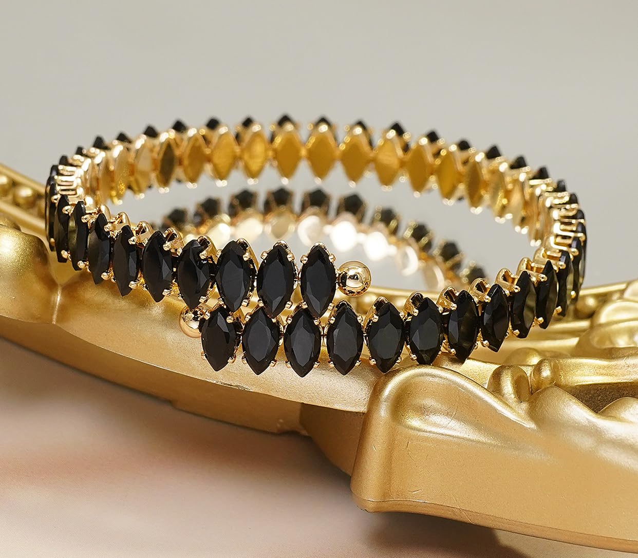 Wovanoo Rhinestone Cuff Bracelet Cubic Zirconia Tennis Bracelets Open Adjustable Bangle for Women Gold Black