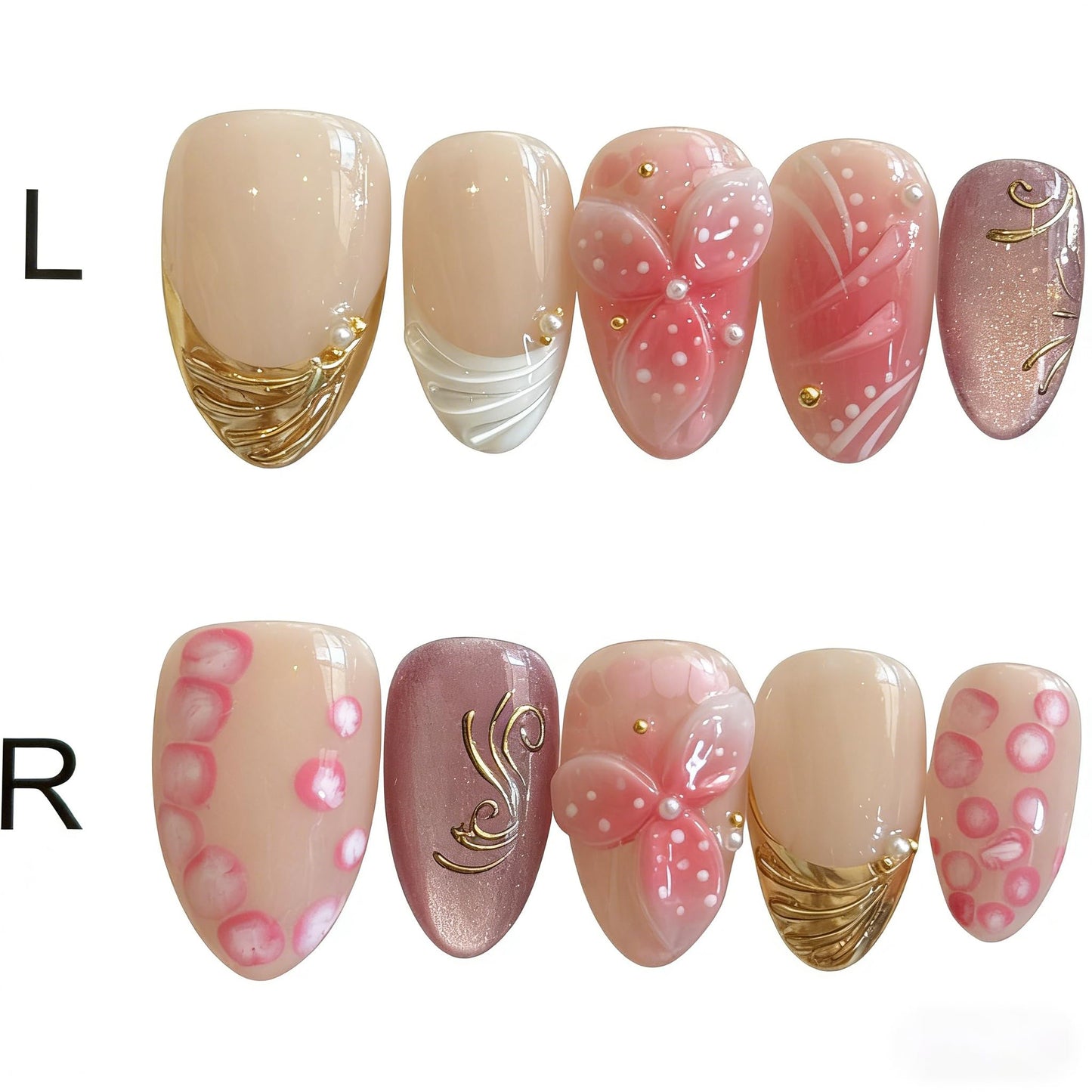Handmade Press ons Nails Summer Pink 3D Flower Almond Shape Fake Nails with Gold Foil and Pearl Accents Reusable Glossy False Nails for Women M Size