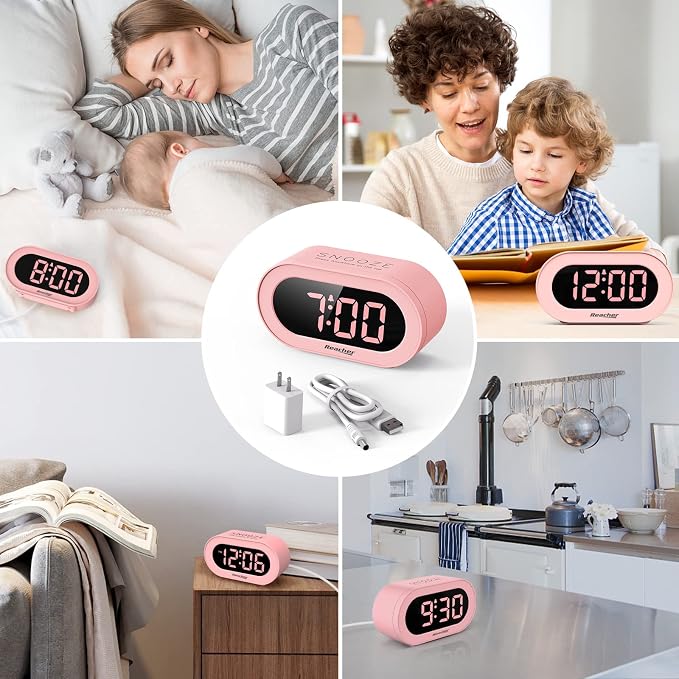REACHER Pink Dimmable Digital Alarm Clock for Girls Bedrooms