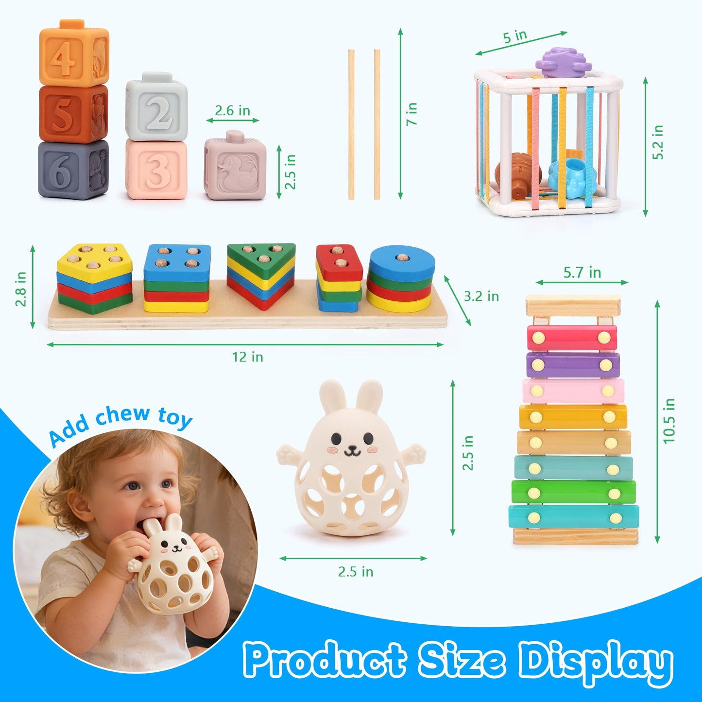 FlufiFiea Baby Toys for 6-18 Months, 5-in-1 Montessori Educational Toy Set with Soft Teething Toy Stacking Blocks Rings Sensory Bin, Sorting Sensory Educational Learning Gift for Toddlers Aged 1-3