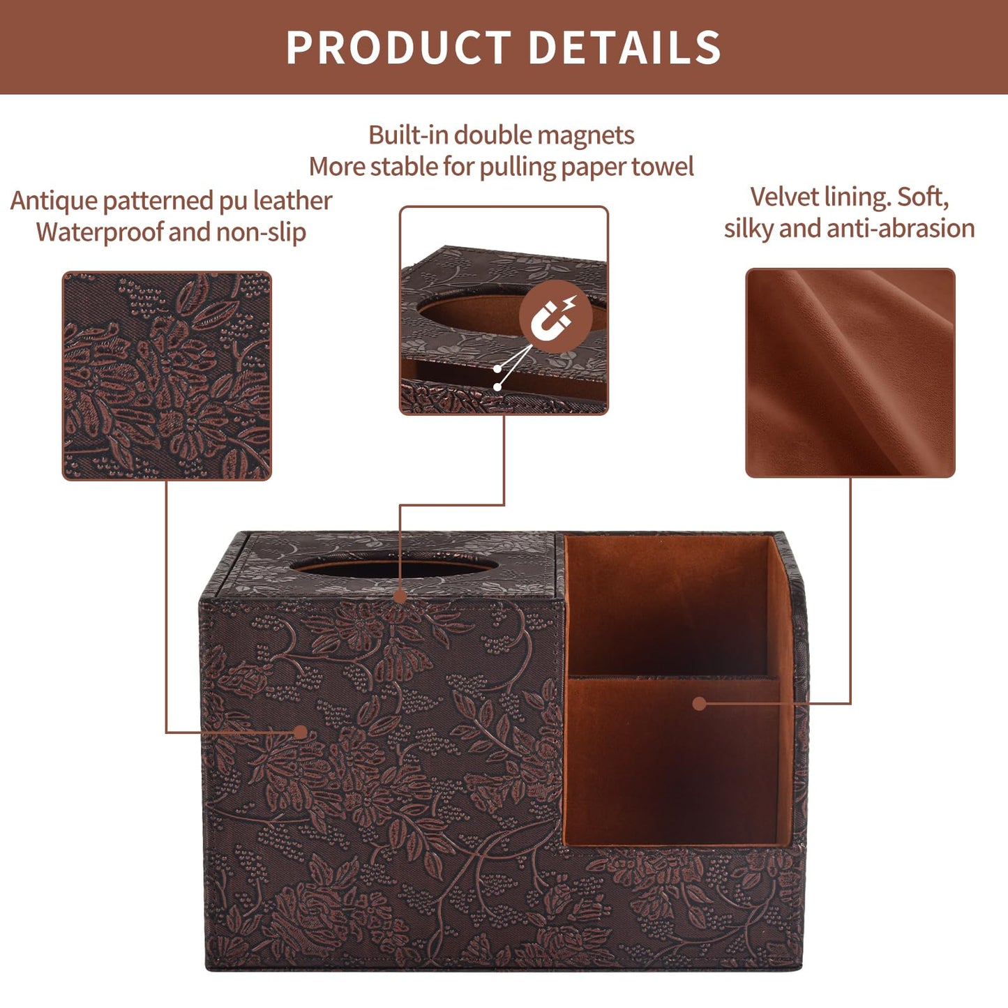 PU Leather Tissue Box Cover Square Tissue Holder Tissues Box Organizer with 2 Compartment,Remote Control Holder,Multifunctional Decorative Tissue Box Covers Cube,Home Office Desktop Storage Box,Retro