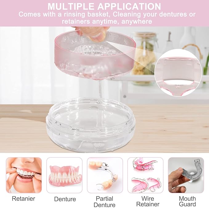 Denture Case, Leak Proof Denture Bath Case Cup Kit for Travel Cleaning, Heigoeost Denture Holder Box Bath Soaking Container for Women & Men with Mirror, Strainer, Removal Tool and Denture Brush(Pink)