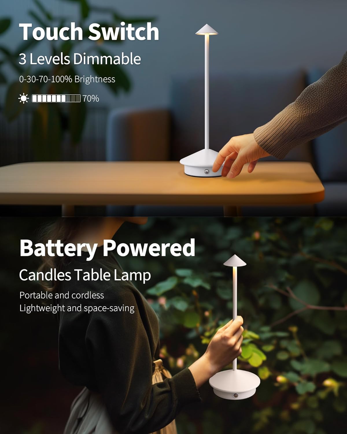 Modern Cordless Table Lamp Set of 2, Portable LED Desk Lamps, 5000mAh Rechargeable Battery Operated Lighting for Bedroom Dining Room Restaurant Coffee Shop Camping Night Light (White)