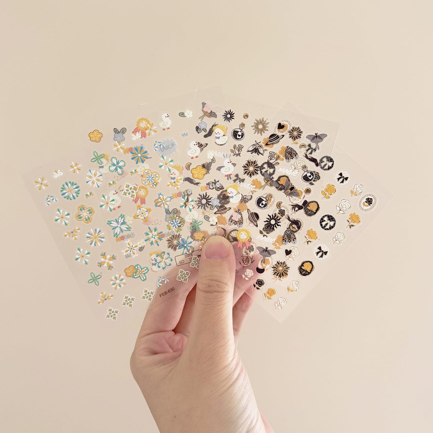 4-Sheet 3D Nail Art Stickers Set – Cute Ducks, Bohemian Patterns, Celestial Magic & Elegant Camellias – 160-200 Pre-Cut Self-Adhesive Nail Decals for DIY & Salon Manicures