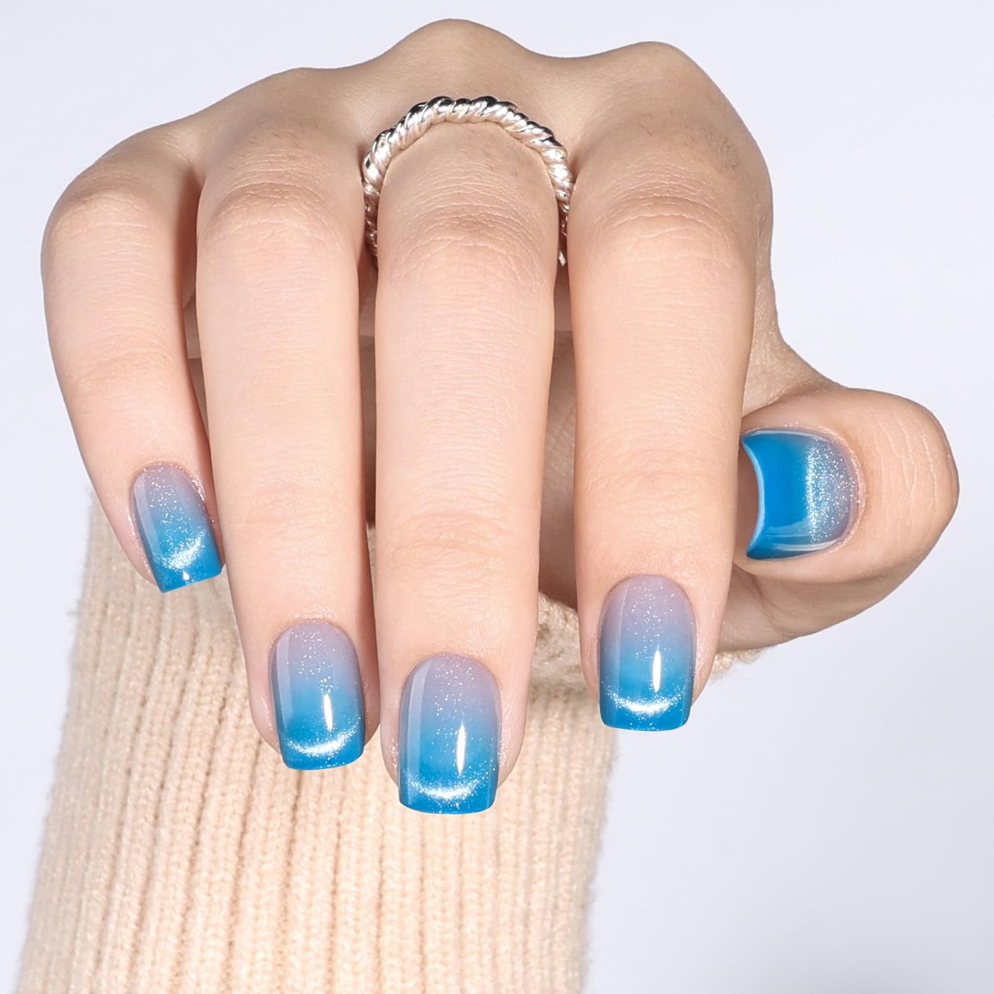 Blue Cat Eye Press On Nails - Short Square Ombre Press Ons for Women Fake Nails with Glue, Glossy Reusable Glue on Nail in 15 Sizes - 30pcs