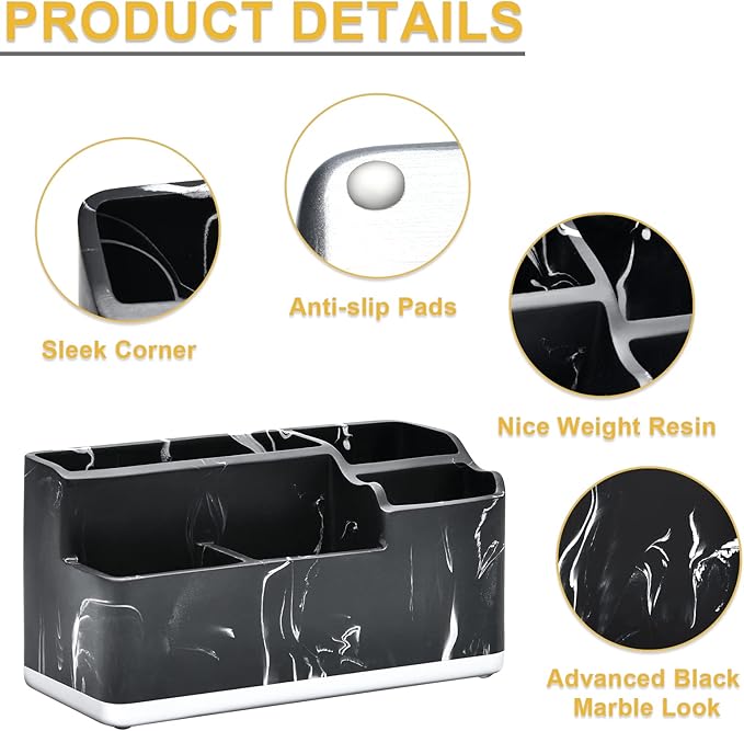 VITVITI Toothbrush Holders for Bathroom, Bathroom Organizer Countertop, 5 Compartment Bathroom Accessories Storage for Toothpaste/Vanity Counter/Sink, Black Resin of Marble Color