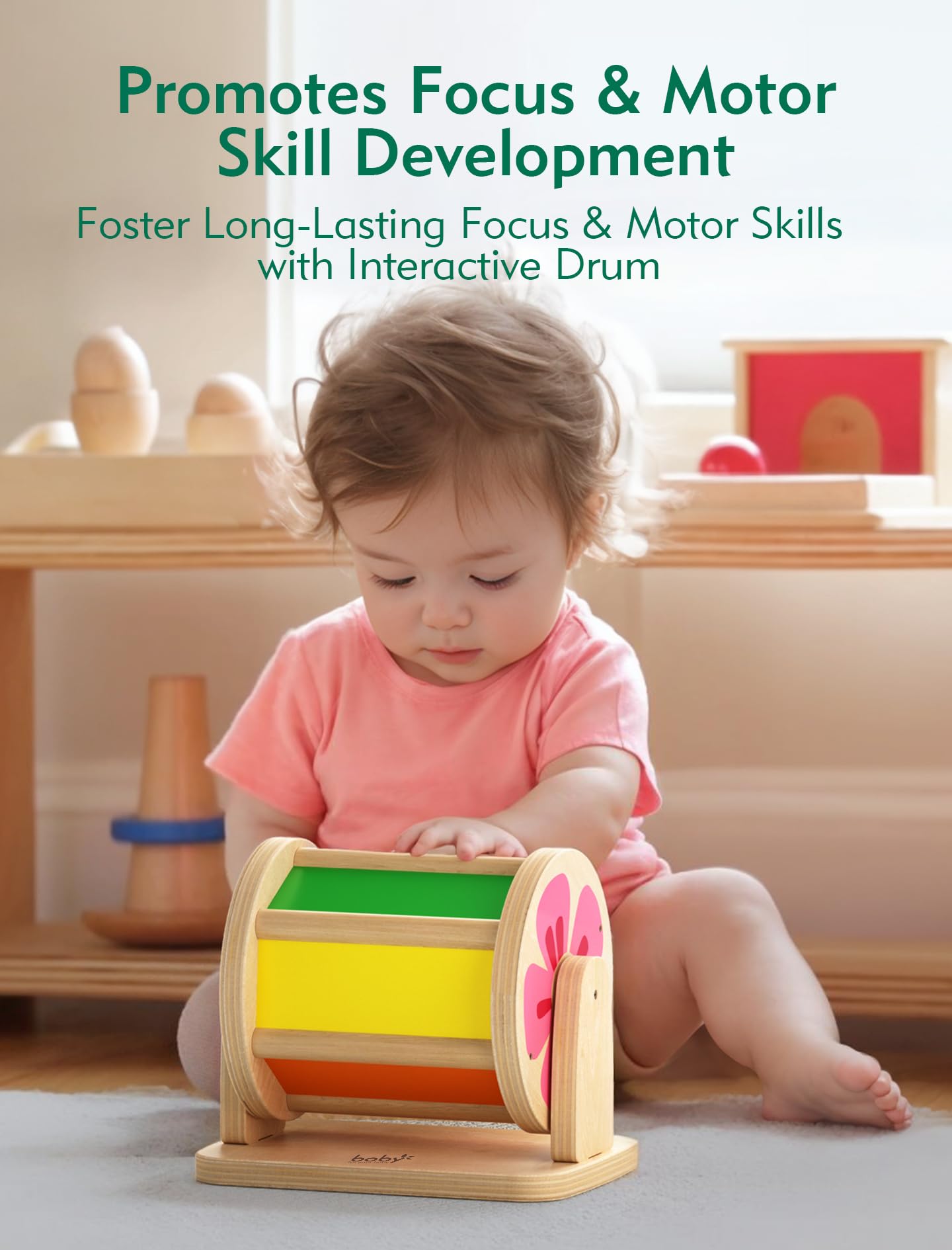 Boby Montessori Spinning Drum: Sensory Experience for Babies 6-12 Months - Engage, Explore, and Learn with Our Wooden Infant Toy