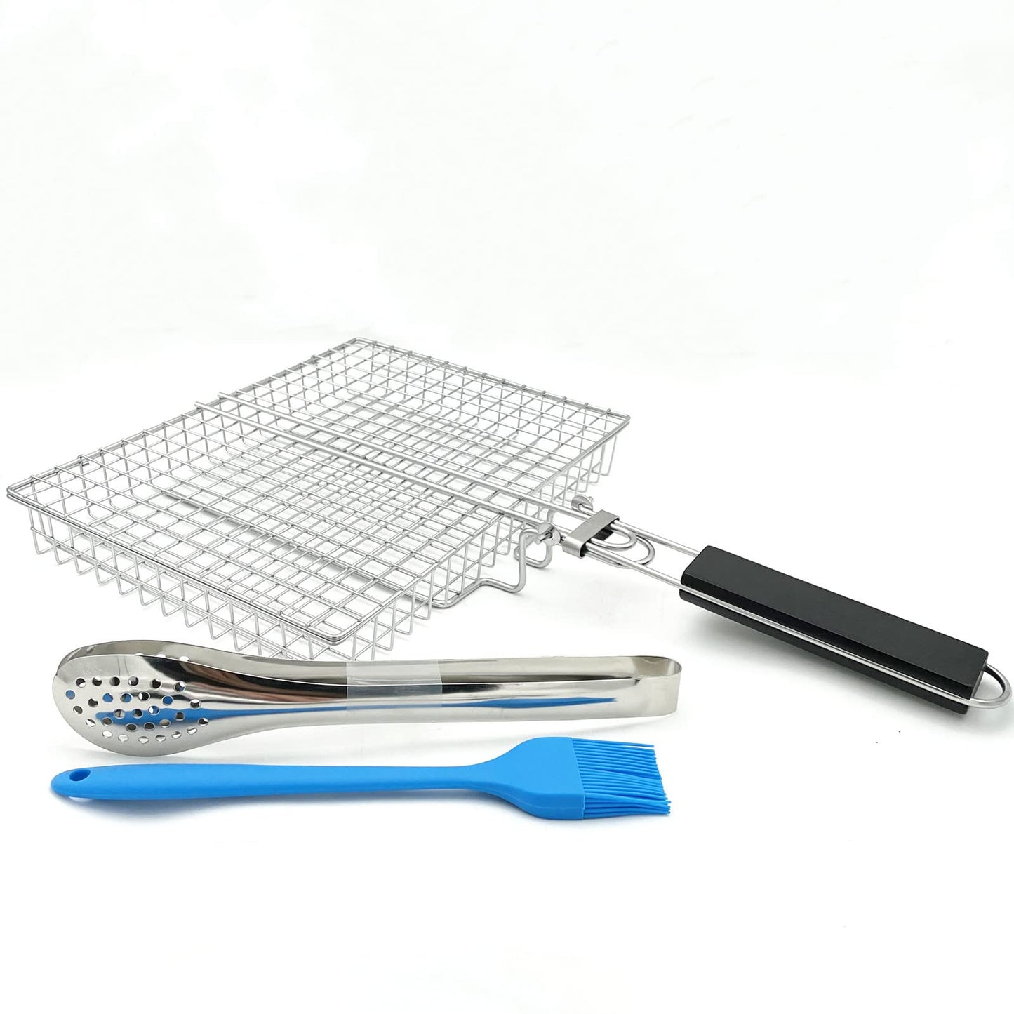 HTIAM Large Capacity Barbeque Grill Basket With Brush BBQ Tong Deeper Grilling Rack Havy Duty Stainless Steel BBQ Accessories Set