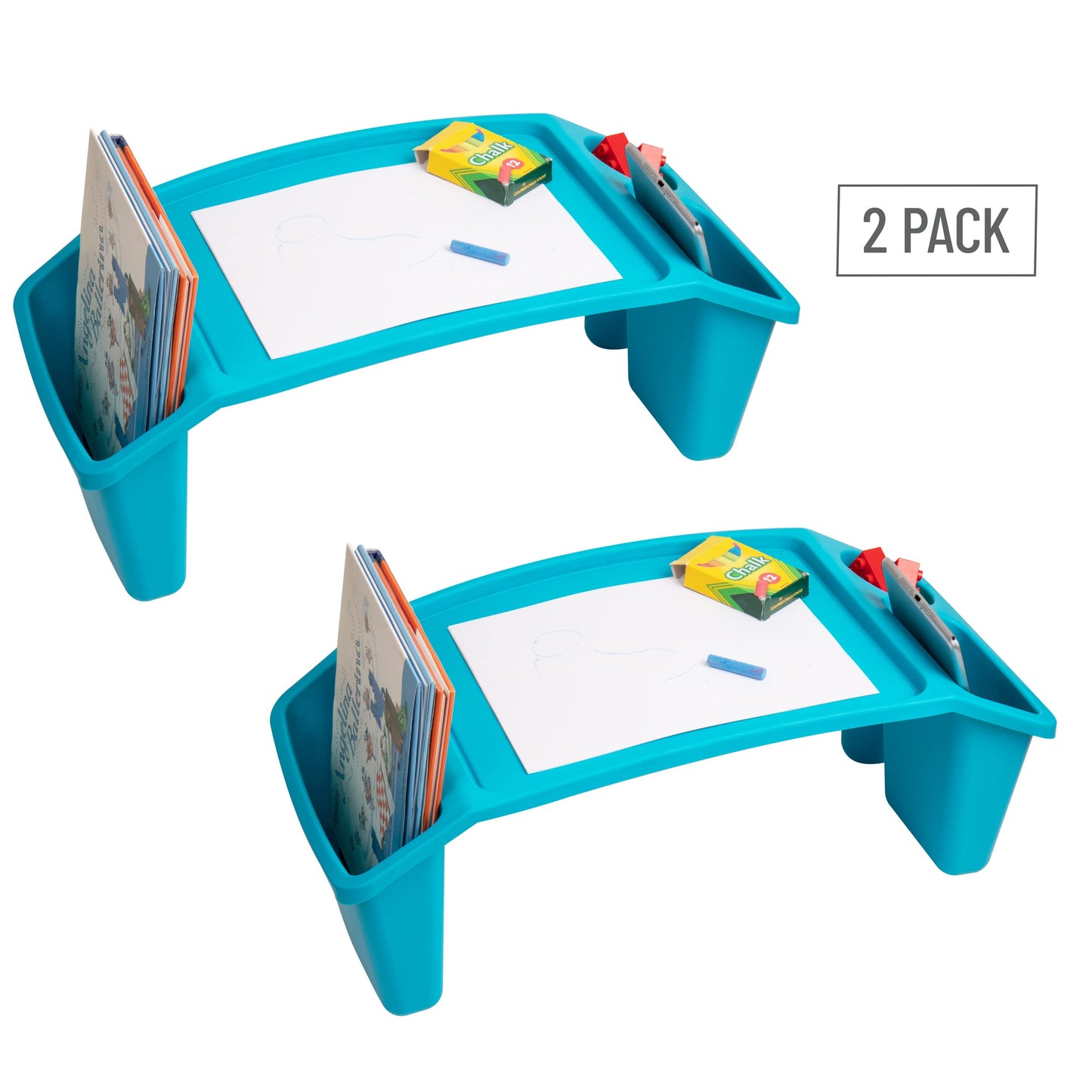 Mind Reader Kids Lap Desk, Portable Activity Tray with Side Storage, Stackable Plastic Desk for Drawing, Snacks, Study, Set of 2, Blue