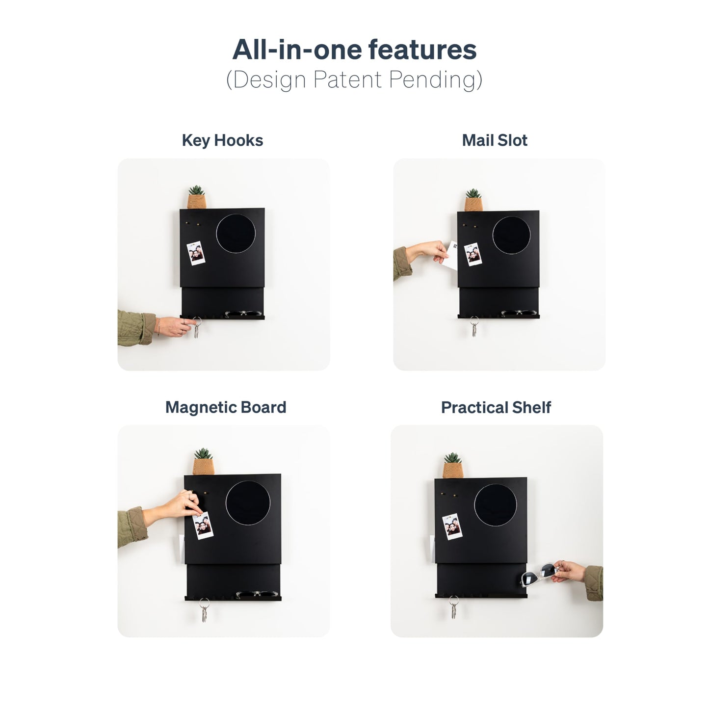 PeachyModern Key Holder Wall Mount and Mail Organizer - Hide Your Mail with a Modern and Minimal Look (Black)