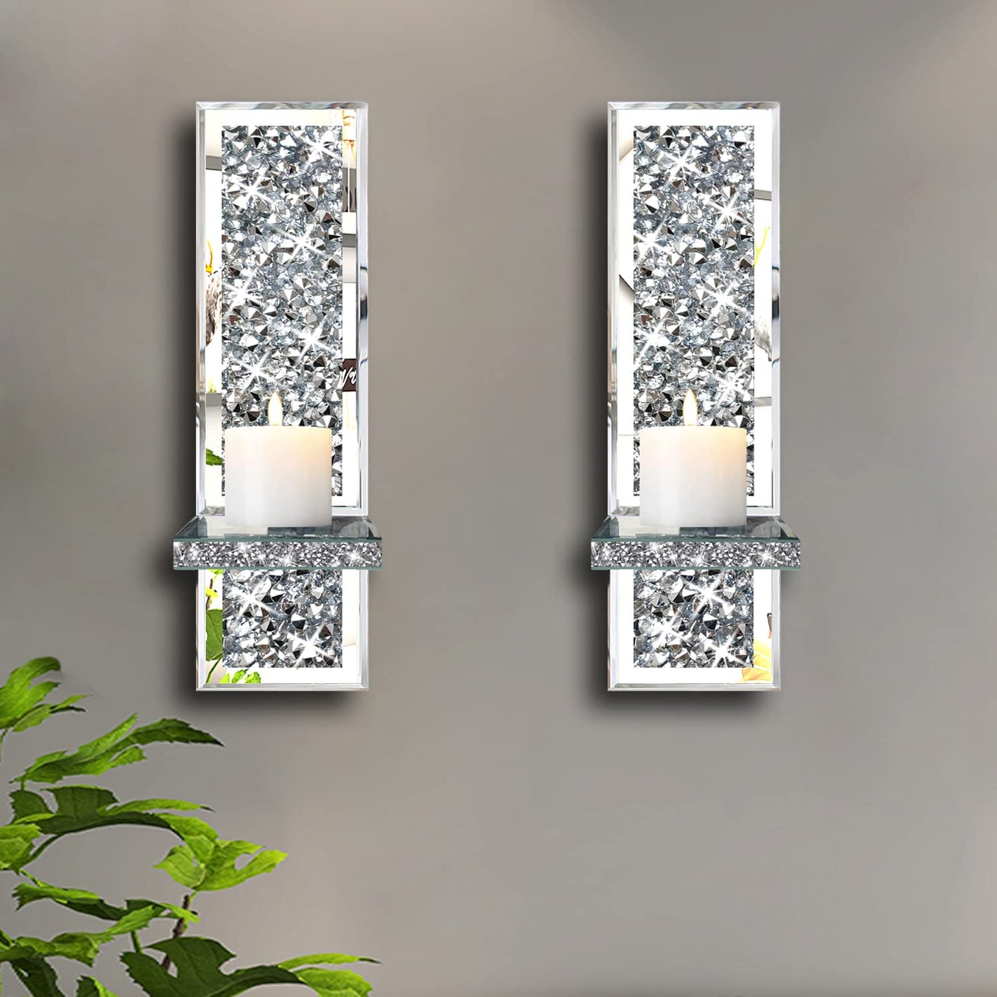 ZOLAPI Set of 2 Crystal Crush Diamond Candle Sconces, Gorgeous Silver Mirrored Wall Sconce, Candle Holder Glass Wall Decorations for Home Décor, Living Room, Dining Room.